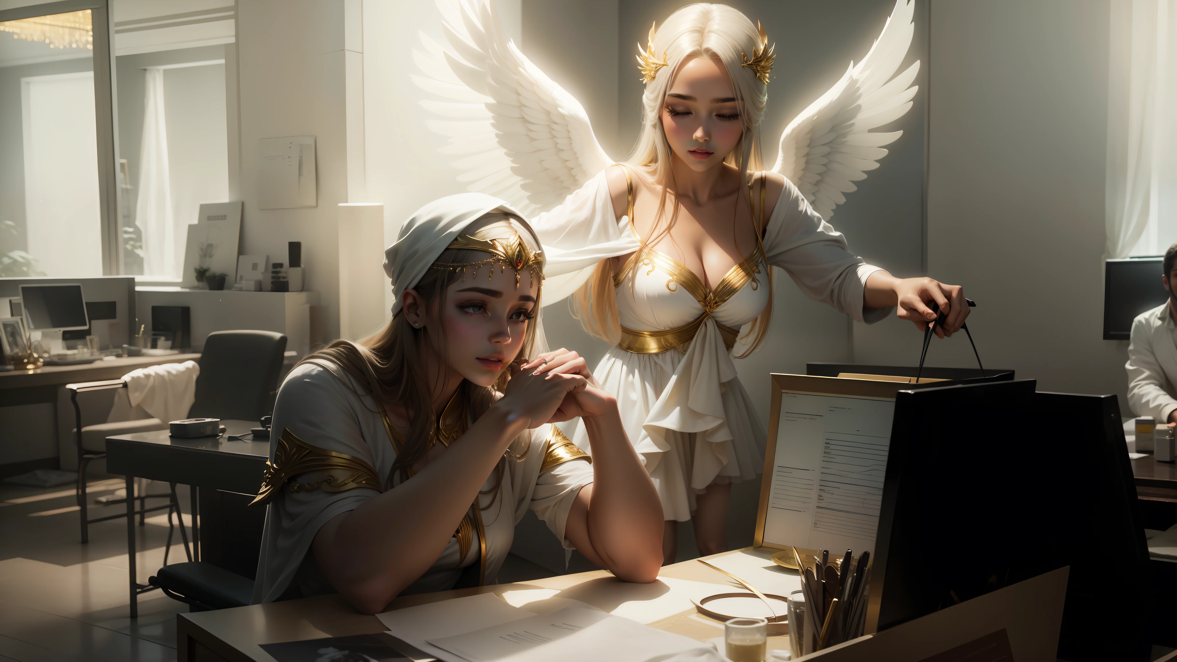 Transform the image to feminine, with Brazilian appearance, angel of white clothes selestial with subtle gold glow, in high resolution, --auto --s2