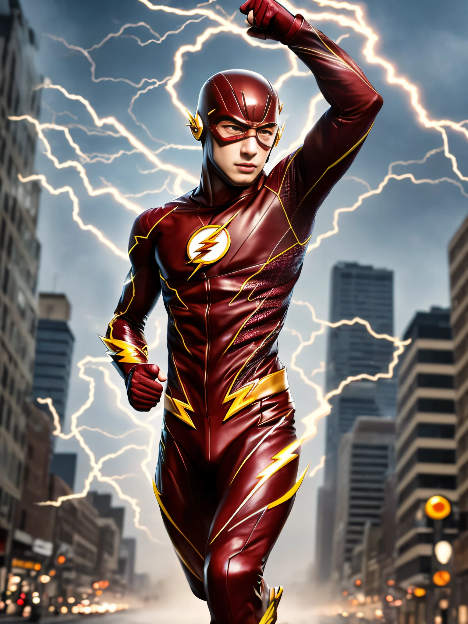 (best quality:1.33), (masterpiece:1.42), (realistic:1.24), (detailed:1.15), , high contrast and dynamic pose, movement, energy, smoke, mist, wind, energy from body, speed, running toward camera,
Generate an image of ((Ezra Miller as the Flash :1.2 ))with flashy, (intricate suit:1.3), eye-catching special effects, like energy blasts or lightning bolts, in the style of Ross Tran,
professional photoshoot, action shot, facing camera, city background, cowboy shot,