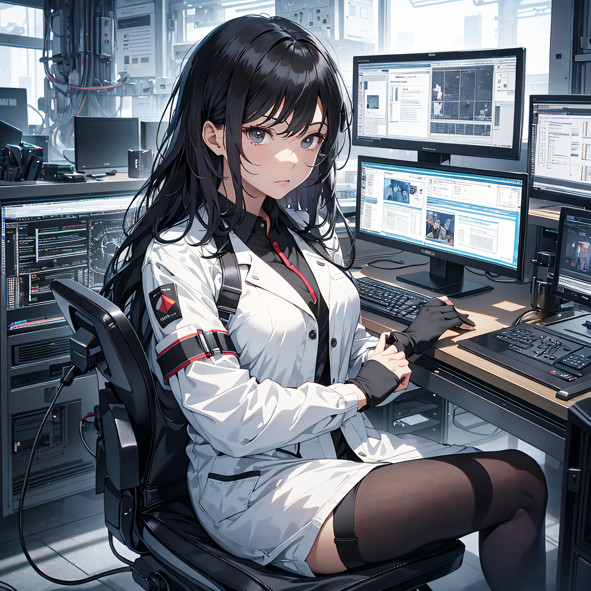 The black-haired young woman dressed as a technician has a serious expression, and the background is a large scientific research institute with many large screens, sitting in front of the computer to operate, with a serious and shocked expression