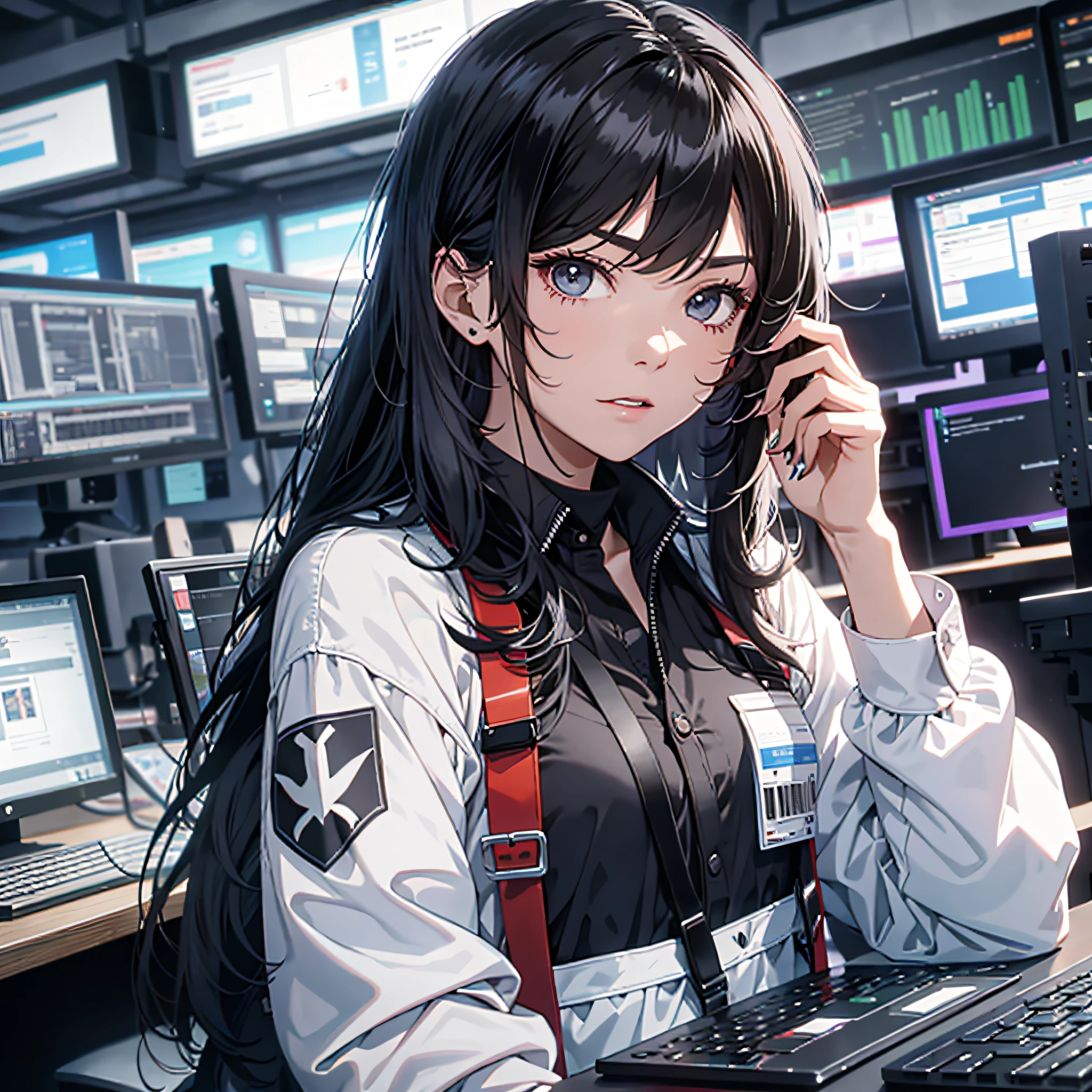 The black-haired young woman dressed as a technician has a serious expression, and the background is a large scientific research institute with many large screens, sitting in front of the computer to operate, with a serious and shocked expression