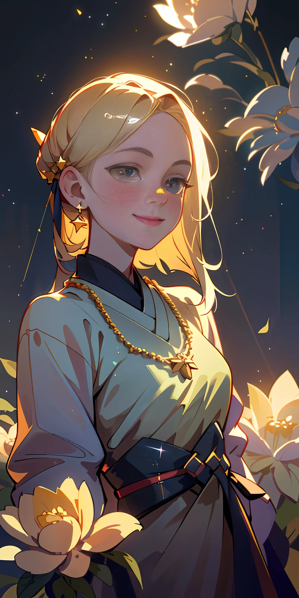 (Best Quality, Masterpiece), 1girl, Galaxy, Glitter, Dress, Particle, Wind, Flower, Upper Body, Dark Simple Background, Look at the Audience, Blonde, Acura, Masterpiece, High Resolution, 1girl, Blush, (Seductive Smile: 0.8), Star Pupil, Chinese Hanfu, Hair Accessories, Necklaces, Jewelry, Beauty, on_body, Tyndall Effect, Realistic, Shadow Room, Light Edge, Two-tone Lighting, (High Detail Skin: 1.2), 8K UHD, DSLR, Soft Light, High Quality, Volumetric lighting, sneak peek, photo, high resolution, 4k, 8k, bokeh