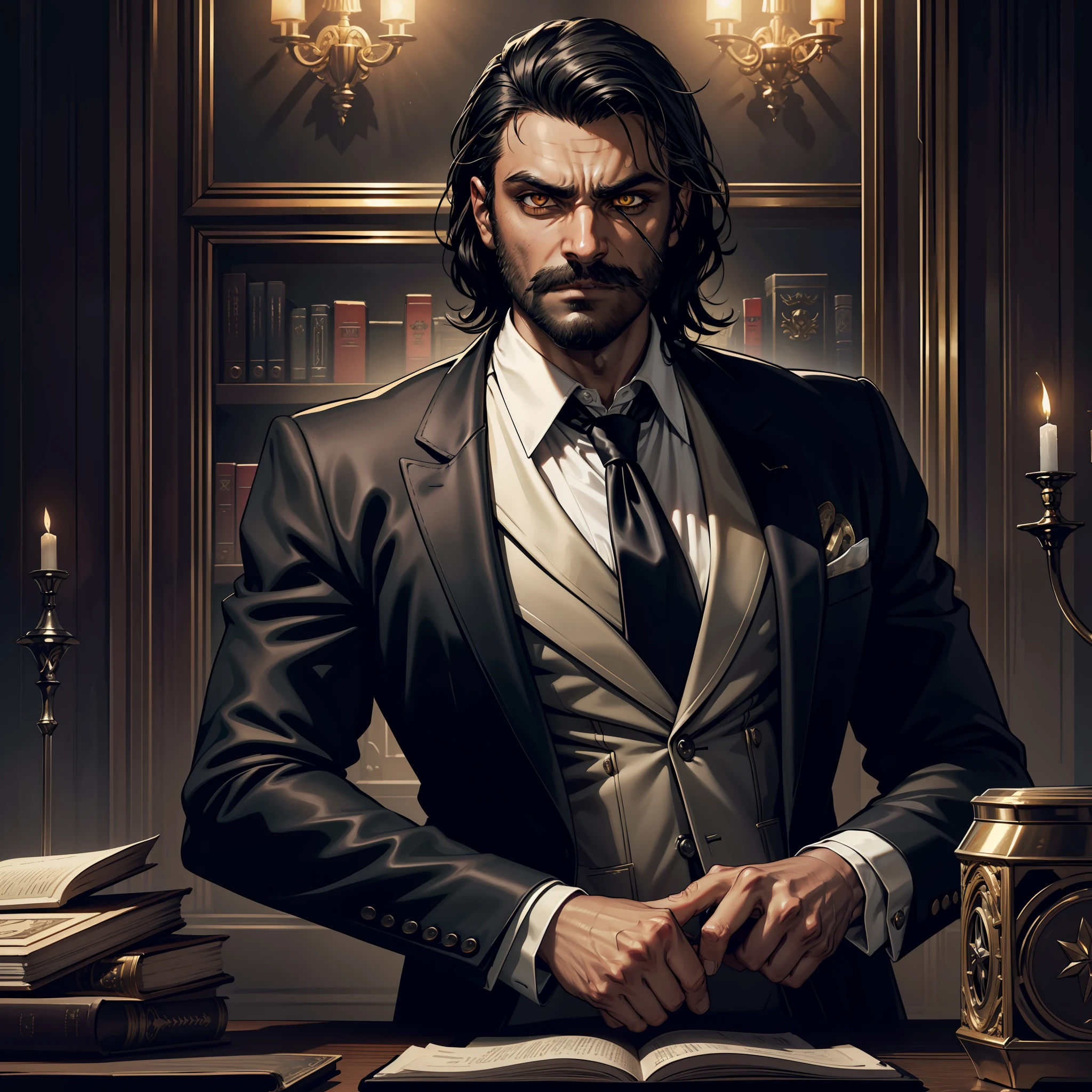 (extremely detailed 8k wallpaper), dark theme, Vampire the Masquerade, modern horror, 2020s, middle-aged man, Indian descent, wearing expensive black designer suit with silver tie, sharp focus, (subsurface scattering:1.1), award-winning photography, centered face, Oscar Isaac's face, ((a shapeshifter))), half-body shot:1.1, medium black hair, supernatural yellow eyes, left eye patch, Black beard and mustache, enigmatic expression, mystical library interior with a large silver dagger on a study table, dramatic lighting