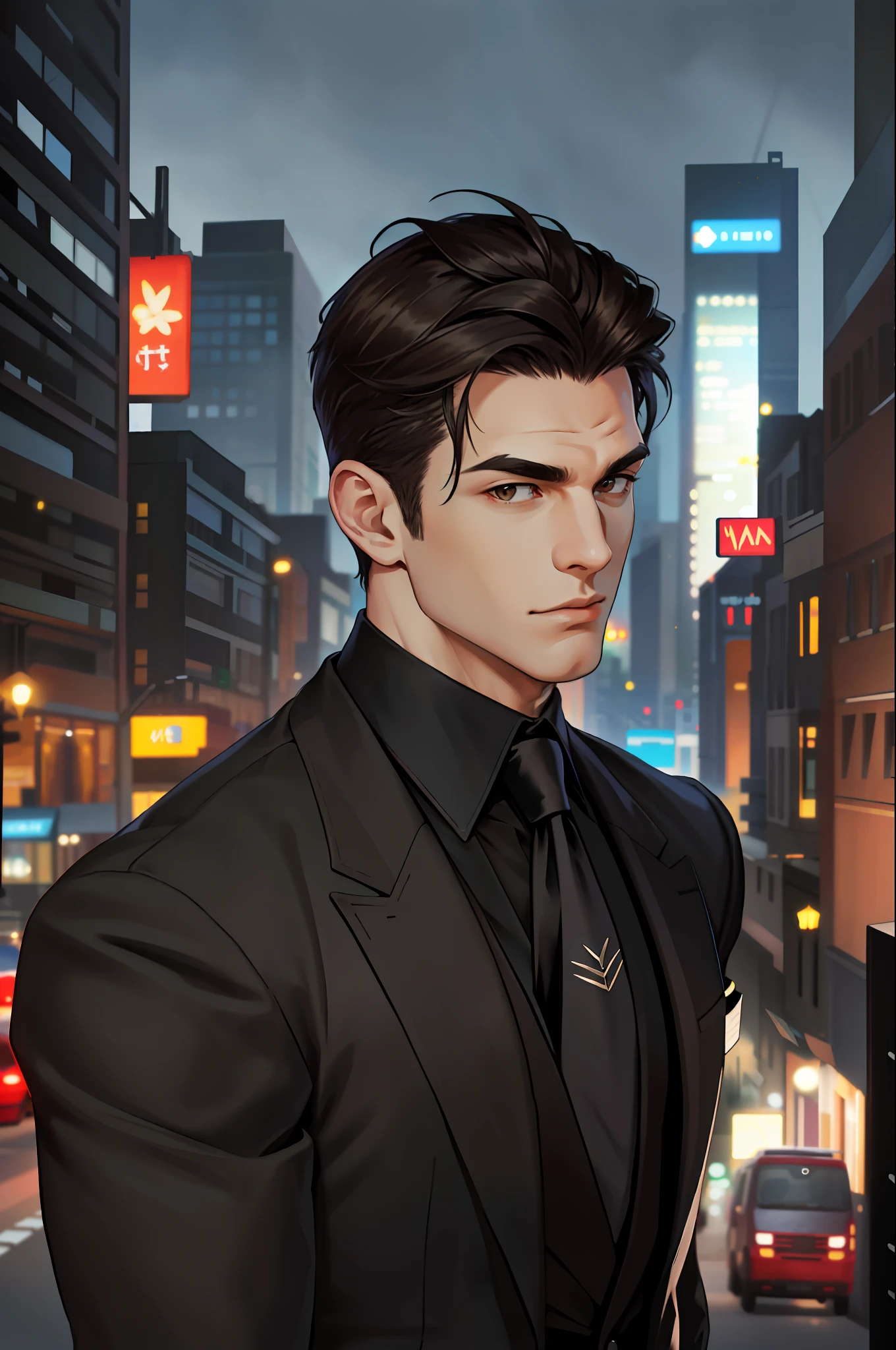 realistic, (absurdres, highres, ultra detailed), 1 male, solo, mature, tall muscular guy, broad shoulders, handsome, very short hair, black hair, pomade, brown eyes, angular jaw, thick neck, thick eyebrows, night, dark, the night view of the city background, formal suit, necktie, upper body