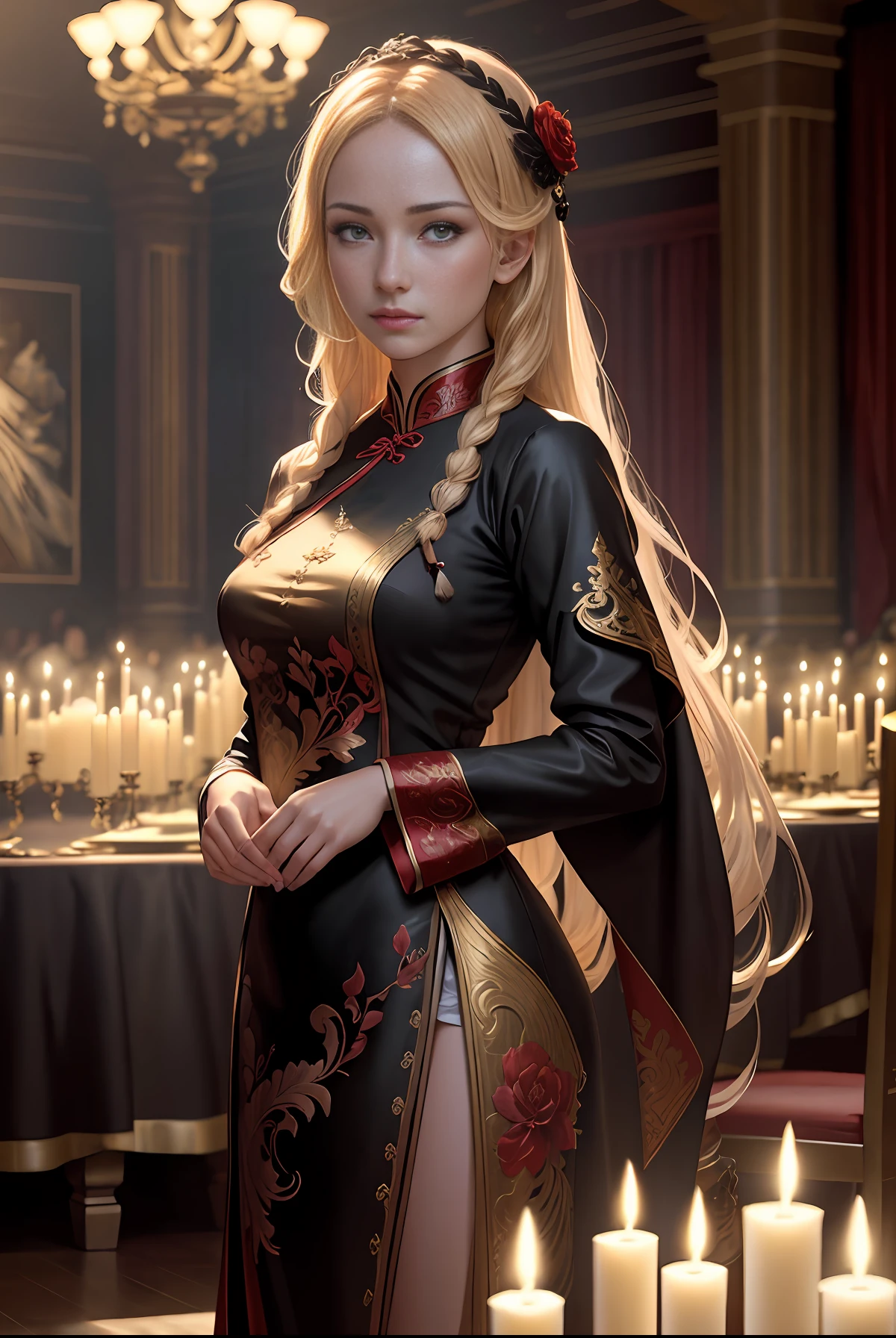 (Masterpiece), (Oil Painting), (Greg Rutkowski), (Sandro Botticelli), (Extremely detailed 8k CG Unity Wallpaper), (Perfectly detailed and painted eyes), (Soft ambient light), (Artwork), (Best Art Lighting), (Best Artist), (Best UHD Landscape), (1 girl), Only (Long), braided hair, melancholy face, in subtle traces of sadness and cold, wearing 1930s furs, intricate and gorgeous cheongsam, Dynamic scenes with incredibly beautiful ballrooms, illuminated by the dim light of candles on the walls, creating a soft and dark air in artistic and cinematic tones, designed to showcase the beauty and character of Greg Rutkowski, anime-2.5D, (detailed).