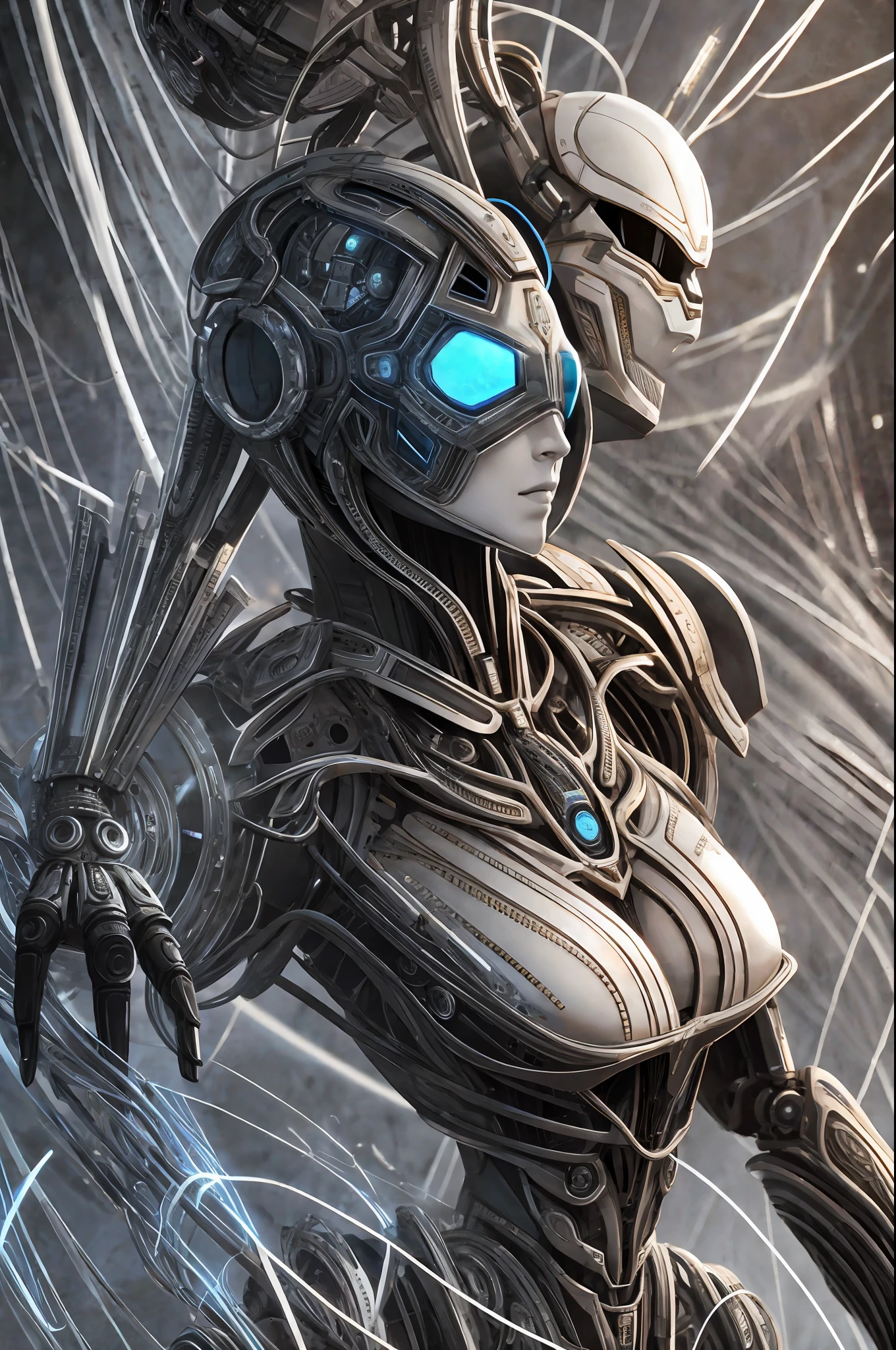 Complex 3d rendering very detailed beautiful ceramic silhouette female robot face, robot, robot, black gold, full body, doomsday style, doomsday battlefield, nebula, galaxy, robot parts, soft light, edge light, vibrant details, luxurious cyberpunk, surrealism, anatomy, facial muscles, chest muscles, cable wires, microchips, elegant, beautiful background, octane rendering, HR Giger style, 8k, best quality, masterpiece, illustration, very delicate and beautiful, very detailed, CG, Unity, Wallpaper, (Realism, Realism: 1.37), Amazing, Fine Details, Masterpiece, Best Quality, Official Art, Very Detailed CG Uniform 8k Wallpaper,
