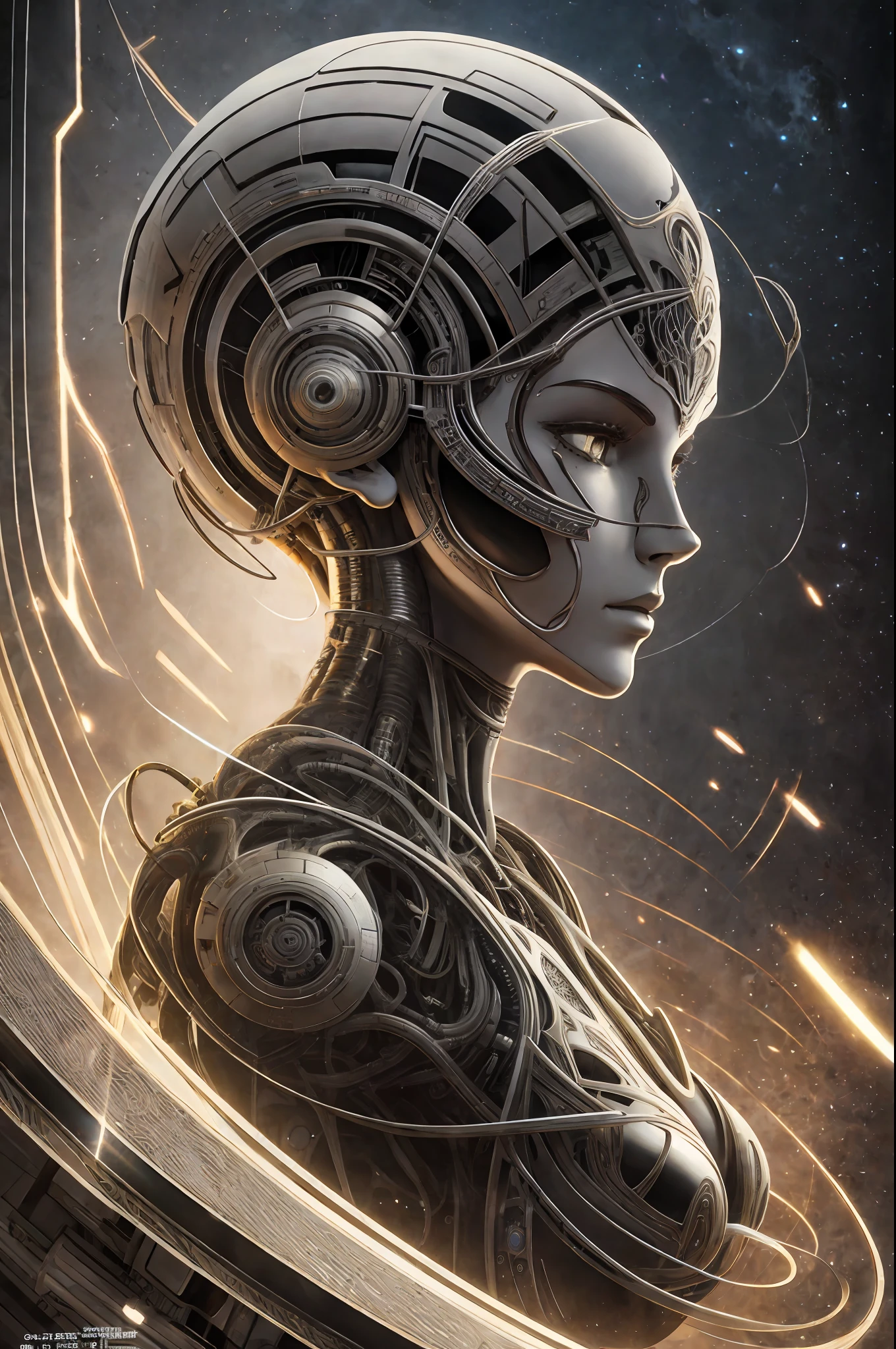 Complex 3d rendering very detailed beautiful ceramic silhouette female robot face, robot, robot, black gold, full body, doomsday style, doomsday battlefield, nebula, galaxy, robot parts, soft light, edge light, vibrant details, luxurious cyberpunk, surrealism, anatomy, facial muscles, chest muscles, cable wires, microchips, elegant, beautiful background, octane rendering, HR Giger style, 8k, best quality, masterpiece, illustration, very delicate and beautiful, very detailed, CG, Unity, Wallpaper, (Realism, Realism: 1.37), Amazing, Fine Details, Masterpiece, Best Quality, Official Art, Very Detailed CG Uniform 8k Wallpaper,