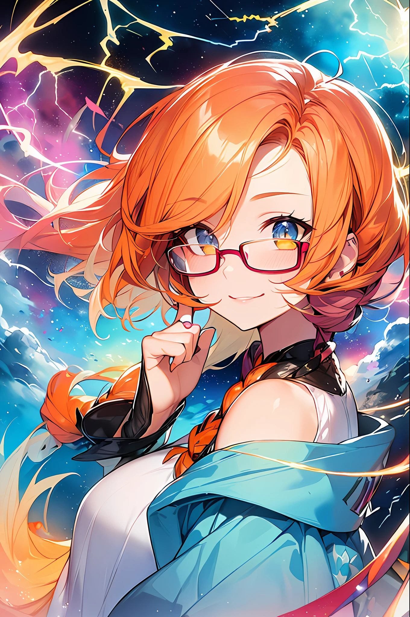 (Masterpiece, Top Quality, Best Quality, Watercolor (Medium), Official Art, Beautiful and Aesthetic: 1.2), (1 Girl: 1.3), (Fractal Art: 1.3), Upper Body, From the Side, Look at the Viewer, Pattern, (Orange Hair, Half Orange and Half Pink Hair: 1.2), Glitter, Liquid, Clouds, Starry Sky, Stars, Smile, Glasses, Close Up, Heterochromia, (Colorful: 1.5), ((Electricity in Own Hands, Lightning effect, energy wave))