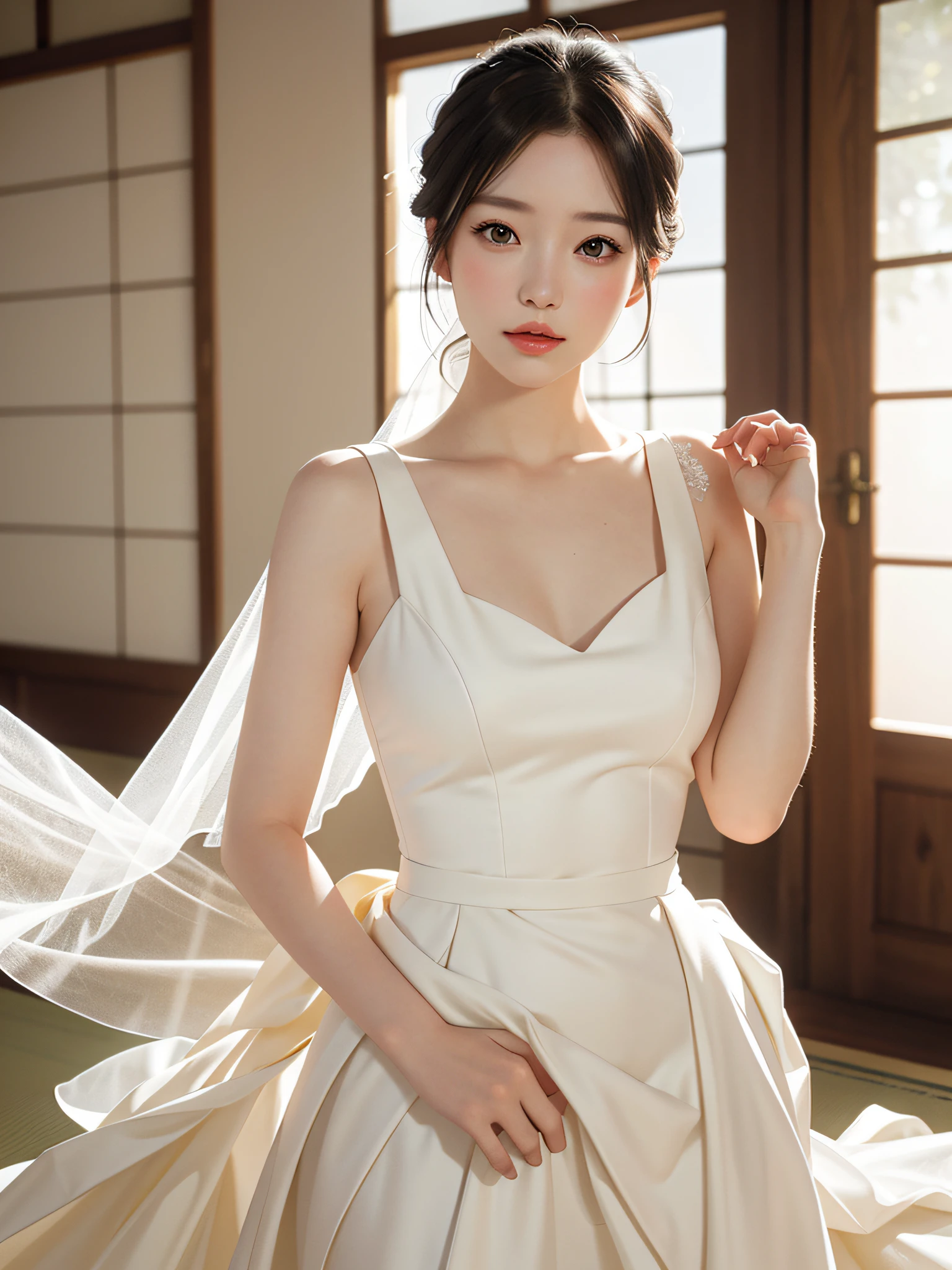 (sweat:0.7),Light yellow wedding dress,white short skirt,woman,japanese,exquisite face, beautiful face,bare shoulders,shoulders slightly exposed,translucent skin,black eyes,black hair,(photorealistic:1.4),realistic details, high resolution,bokeh,outstanding details