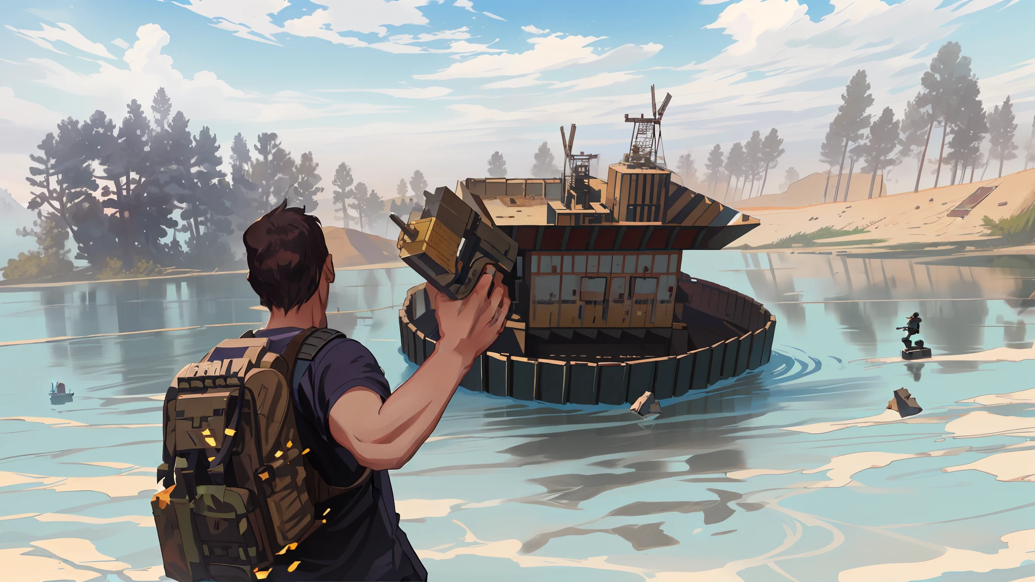 Arafed man holding a dynamite in front of a building, realism in the style of play, realistic, stalenhag style, in pubg, military outpost, in the middle of the battlefield, screenshot of the game, realistic mega structure, shooting it into a building, , official anime still, official art, official illustration, key visual concept anime, official anime studio still,  official rendering, anime still, comic art, official anime art, still TV anime, your Camp, 8k!, promotional art, official fanart, Makoto Shinkai. digital rendering