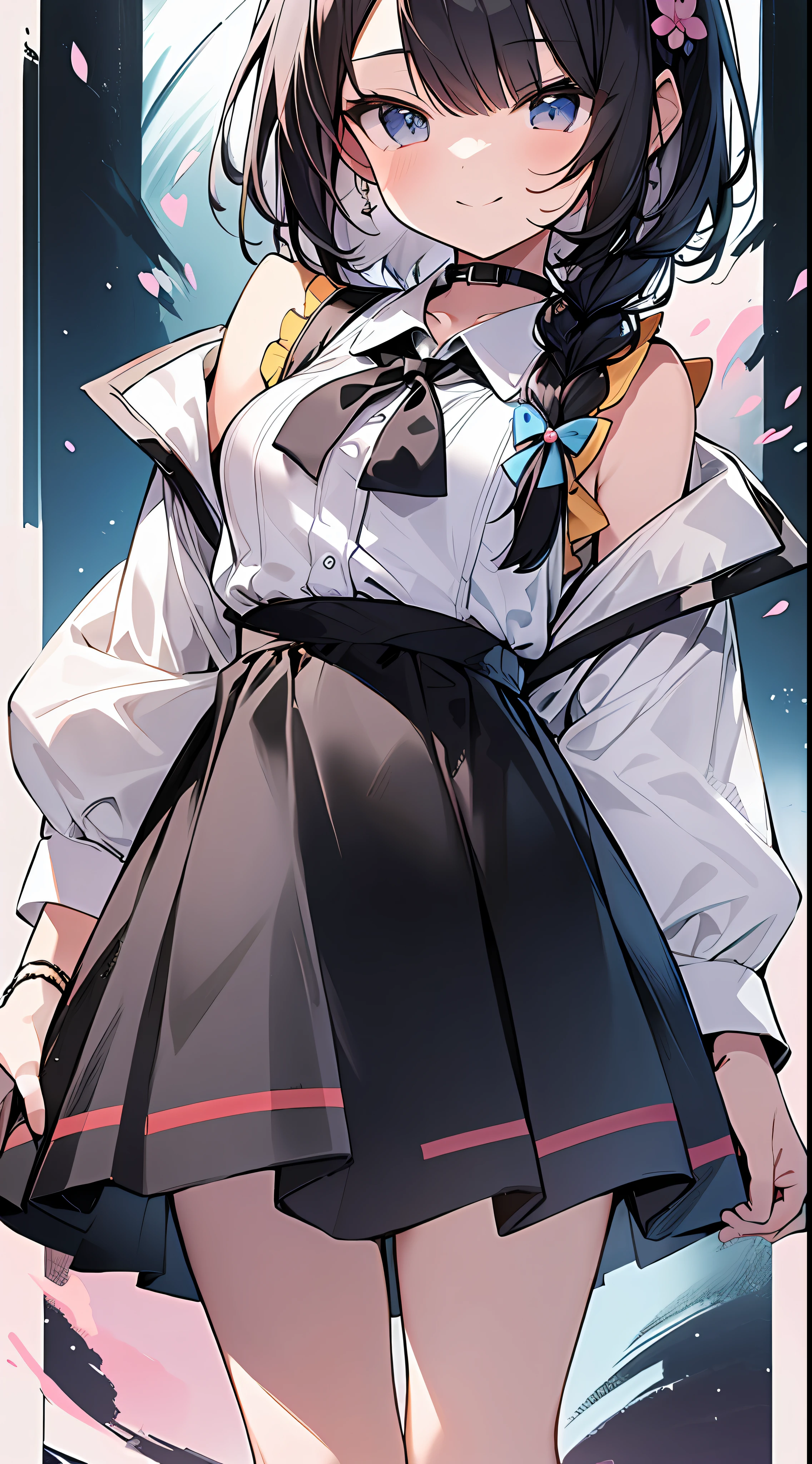 Top Quality, Masterpiece, High Resolution, 8k, Pastel Color Shirt and Skirt Anime Style Small Loli, Single, Detailed Line Art, Bright White and Bright Amber Style, Digital Enhancement, Anime Core, Flowing Fabric, Close Up, Shoulder Length and Short Braid, Beautiful Black Hair, Smile, Looking Up Angle