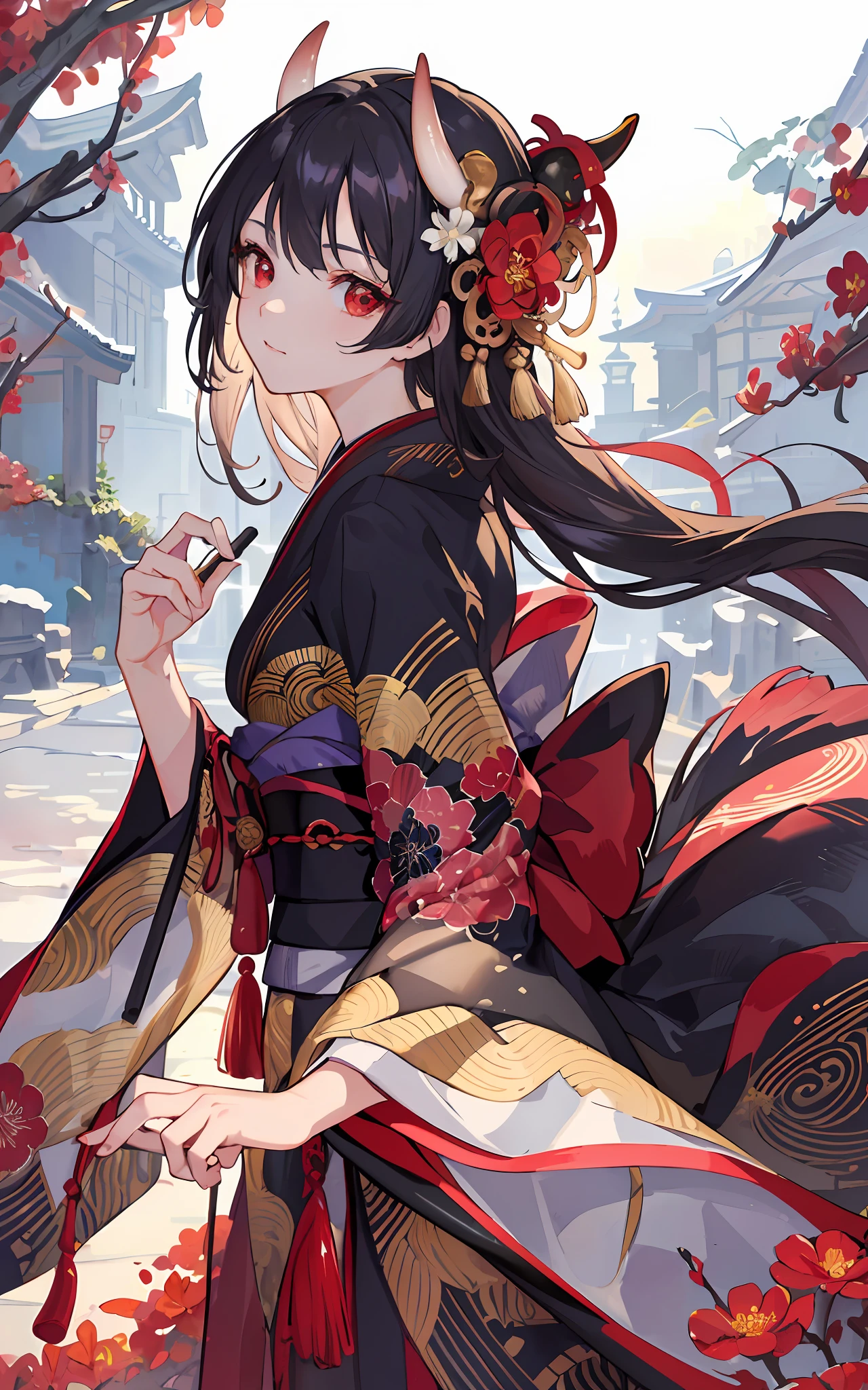 ((masterpiece:1.4, best quality))+, (ultra detailed)+,
(finely detailed beautiful eyes: 1.2), ((1girl)), ((solo)), (red eyes:1.4), (finely detailed eyes and detailed face:1.3), (beautiful and clear background:1.2), (extremely detailed CG, ultra-detailed, best shadow:1.1), ((depth of field)), ((watercolor)), (oni:1.5), (kimono:1.3), bare shoulders, flowers and petals, beautiful concept illustration, (white background:0.5), (illustration:1.1), (extremely fine and beautiful:1.1), (perfect details:1.1), from side, cowboy shot,