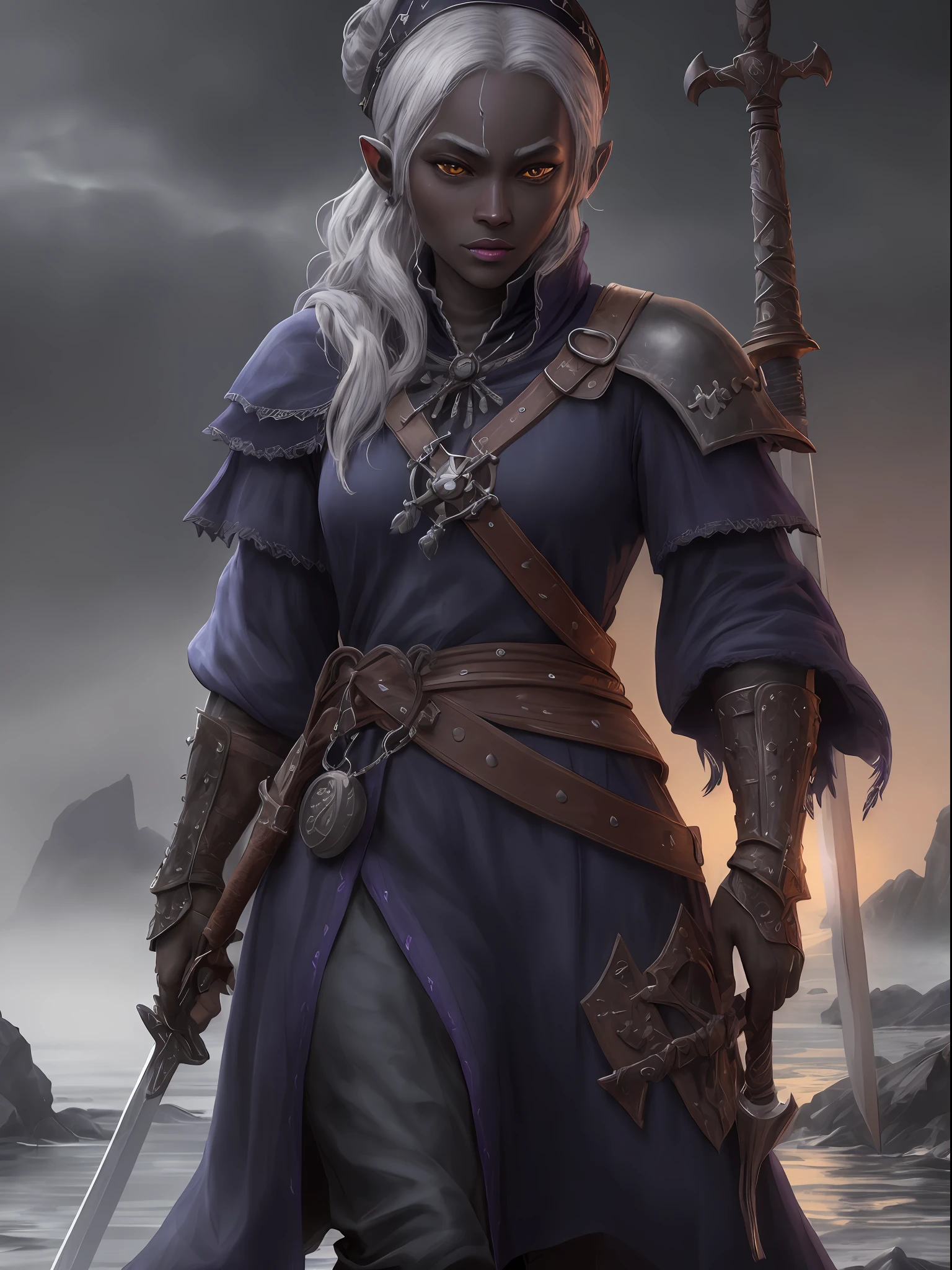 (highly detailed RAW color photo, masterpiece, ultra detailed), (medieval pirate theme:1.3), (full body:0.6), solo, 1 drow female (drow:1.4) (dark purple skin:1.1), handmade, swordsman, tall and slender, silver hair tied in a bun, vibrant yellow eyes, (detailed eyes and detailed face), looking at the viewer, wearing (navy blue swordsman armor:1.2), winter night in the background, standing (aboard a ship:1.1), leather and skin winter cold weather, beautiful night of overcast sky (fog: 1.2) (rain: 1.1) (winter: 1.1) (masterpiece: 1.2) (illustration: 1.1) (best quality: 1.2) (detailed) (intricate) (8k) (HDR) (wallpaper) (cinematic lighting) (sharp focus) (photography, soft lighting of dark sky, soft details, octane, artstation trend, ultra high detail, ultra realistic, cinematic, 16k, digital art, art inspired by Dungeon and Dragons)