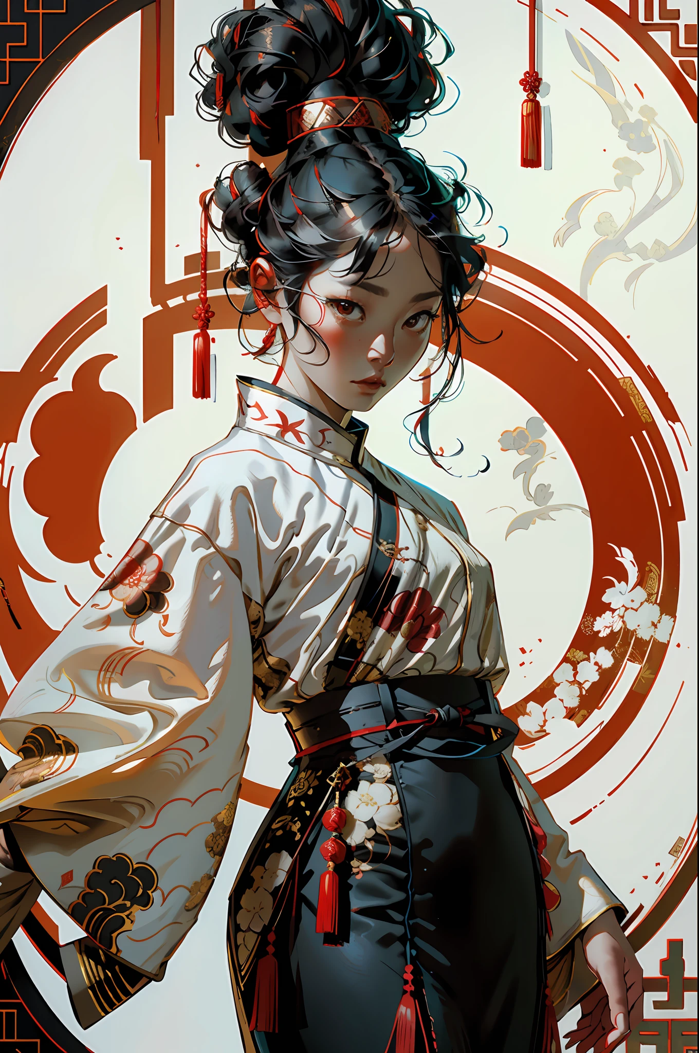 A woman in Chinese clothing,  A very majestic look, Solid red background, Lots of white space, cowboy shot, symmetry, projected inset