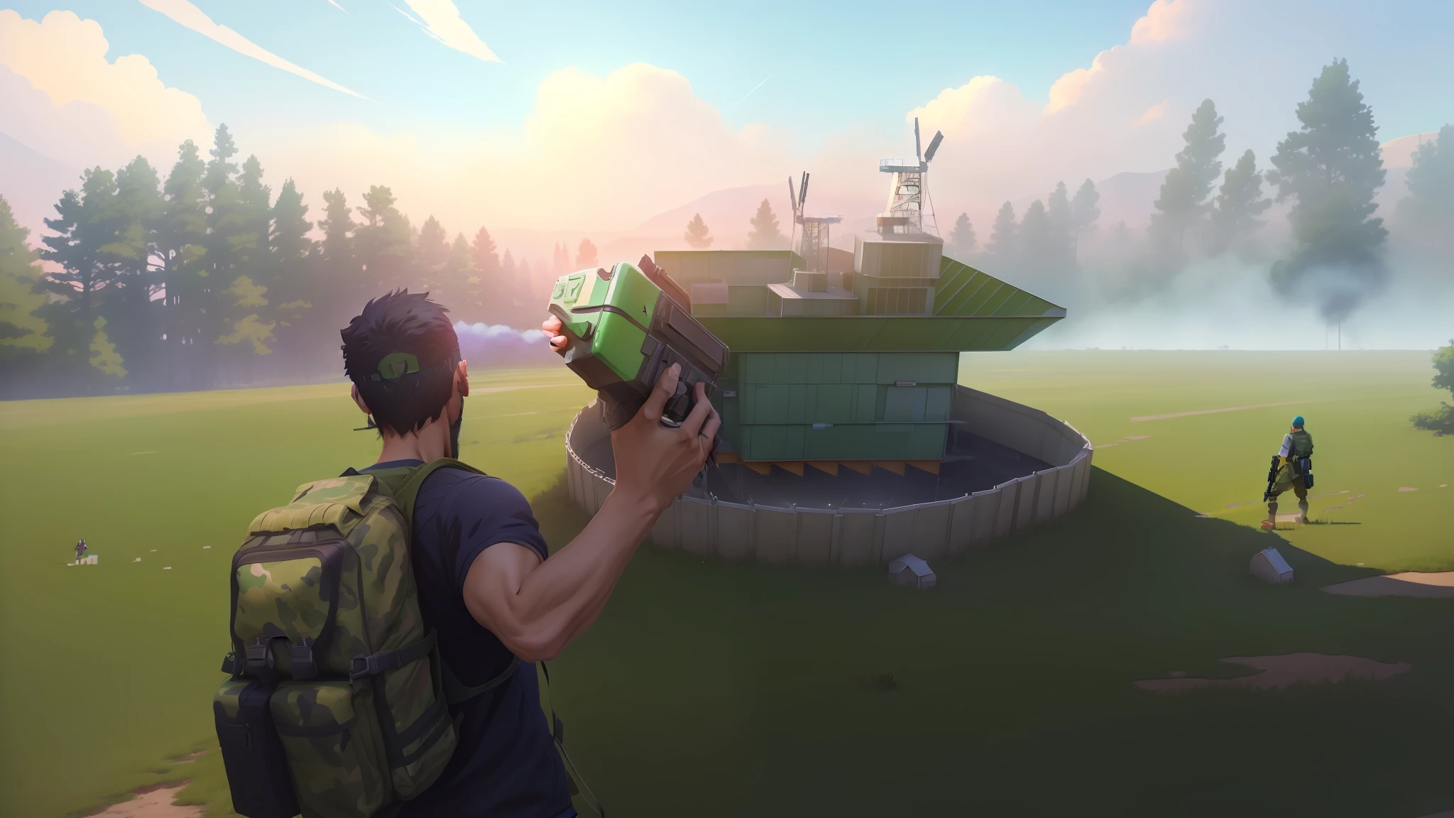 Arafed man holding a green color c4 in front of a building, realism in game style, realistic, stalenhag style, in pubg, military outpost, in the middle of the battlefield, screenshot of the game, realistic mega structure, shooting it into a building, , official anime still, official art, official illustration, key visual concept anime, official anime studio still,  official rendering, anime still, comic art, official anime art, still TV anime, your Camp, 8k!, promotional art, official fanart, Makoto Shinkai. digital rendering