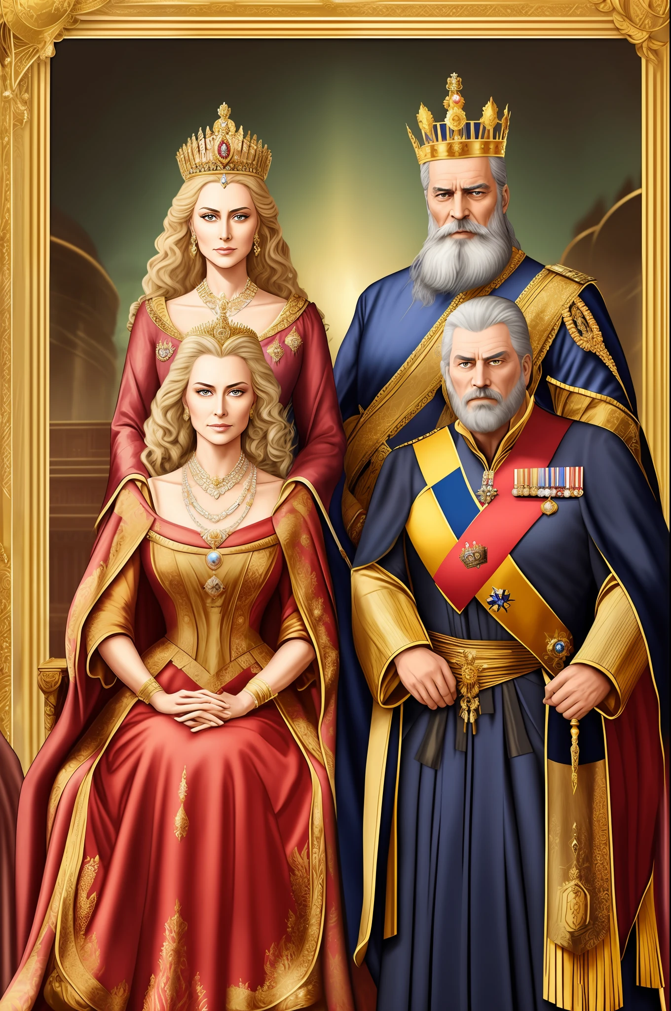 The king is a middle-aged man with an imposing presence. He has gray hair and a well-groomed beard that denote wisdom and authority. His eyes are piercing and reflect his determination to protect his kingdom. He is dressed in royal clothes adorned with gold details, symbolizing his leadership position. In his hand, he holds a scepter, a symbol of his power as a ruler.

The Queen is a graceful and elegant woman. Her blonde hair falls in delicate curls over her shoulders, framing a smooth, expressive face. His eyes shine with kindness and compassion. She is dressed in a dazzling long dress, with fine fabrics and intricate details. Royal adornments such as a crown of pearls and a gleaming necklace enhance her beauty and status as queen.

The illustration depicts the king and queen in a majestic pose, side by side, demonstrating their unity and joint leadership. In the background, the scenery of the royal castle and elements that refer to the power and grandeur of the kingdom complete the image, creating an impactful visual representation of the king and queen.