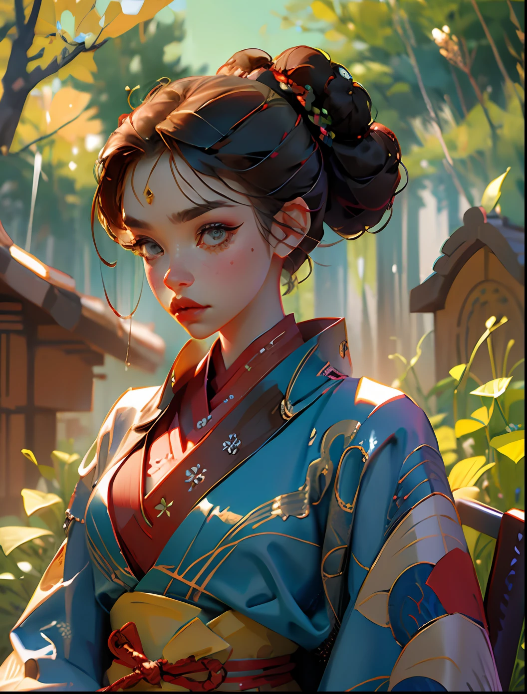 beautiful girls with kimono and hair bun,holding samurai,savage girls,3D,upscale --auto --s2