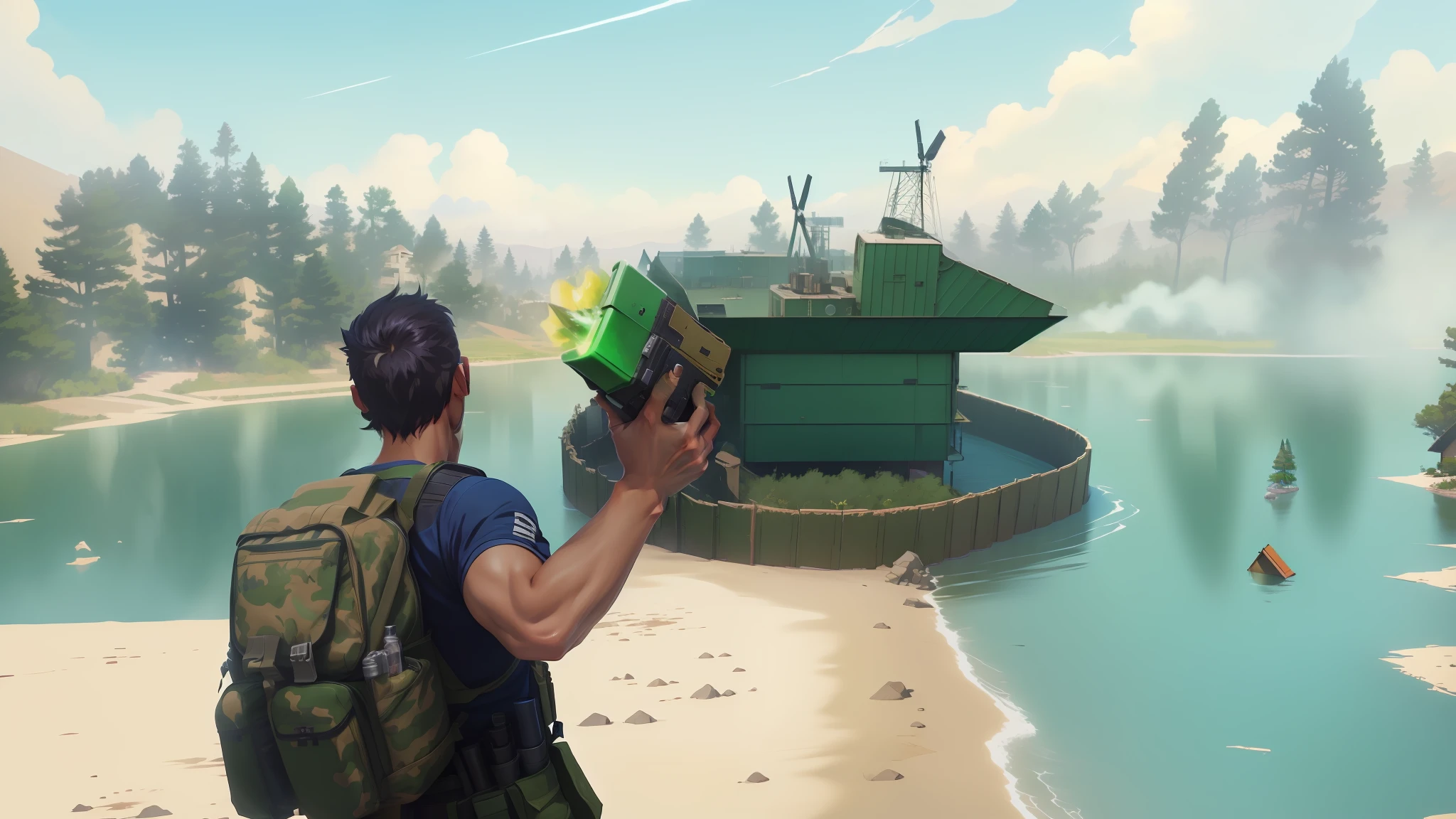 Arafed man holding a green color dynamite in front of a building, realism in play style, realistic, stalenhag style, in pubg, military outpost, in the middle of the battlefield, screenshot of the game, realistic mega structure, shooting it into a building, , official anime still, official art, official illustration, key visual concept anime, official anime studio still, official rendering, anime still, comic art, official anime art, still TV anime, your Camp, 8k!, promotional art, official fanart, Makoto Shinkai. digital rendering