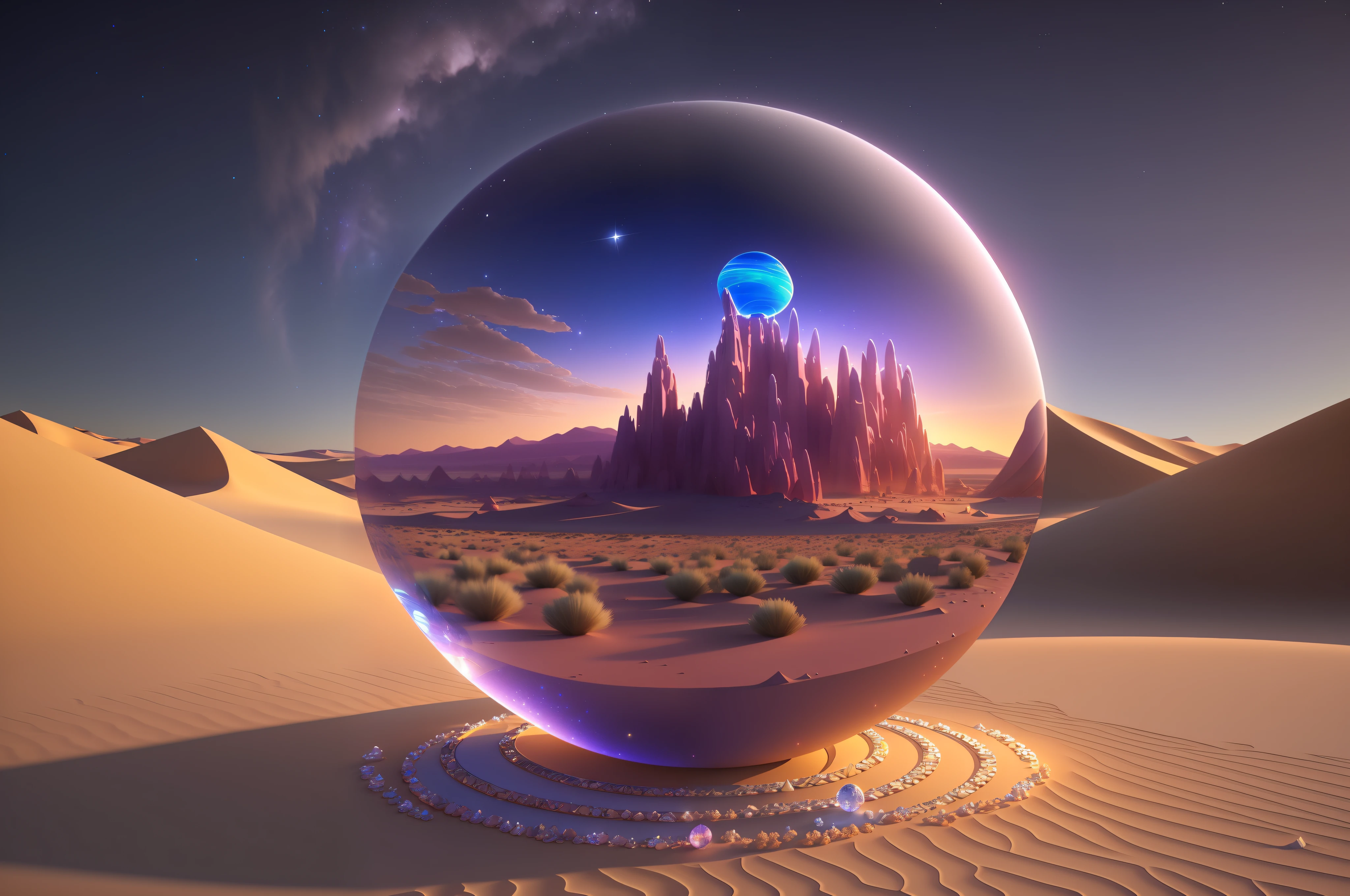 There is a crystal ball sitting on the desert, ethereal starlight city at sunset, fantasy planet, 3D rendering of Bippul, inspired by Philip Hoddas, in the art style of Philip Hodass, Planet Landscape, inspired by Bipple, epic dreamy fantasy landscape, inspired by Mike "Bipple" Winckelman --auto --s2