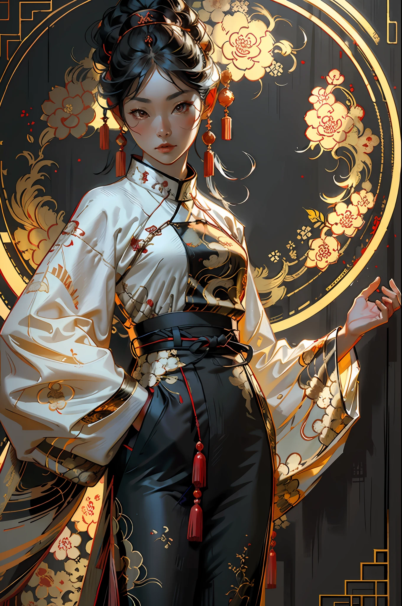 A woman in Chinese clothing, A very majestic look, Solid red background, Lots of white space, cowboy shot, symmetry, projected inset