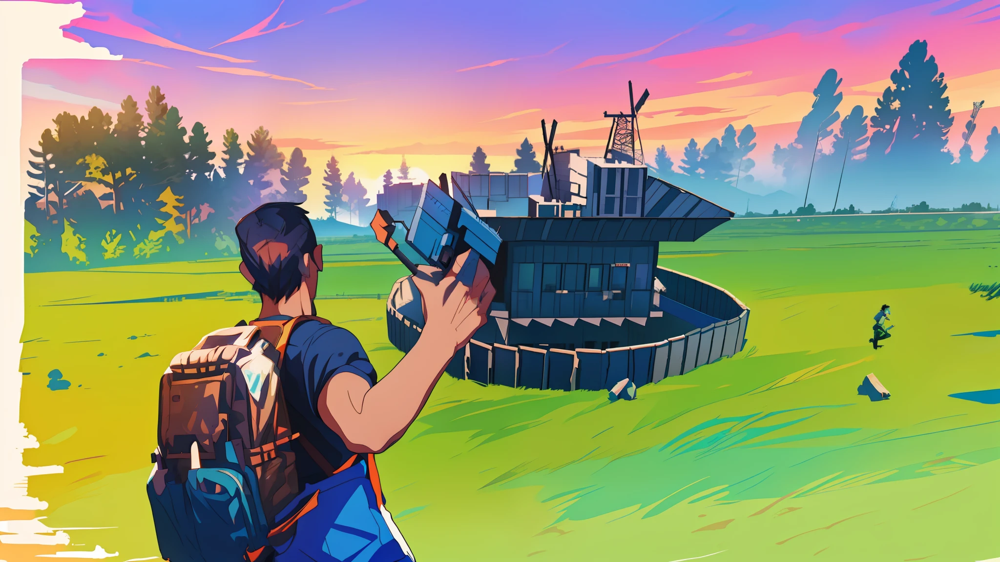 Arafed man holding a dynamite in front of a building, realism in the style of play, realistic, stalenhag style, in pubg, military outpost, in the middle of the battlefield, screenshot of the game, realistic mega structure, shooting it into a building, , official anime still, official art, official illustration, key visual concept anime, official anime studio still, official rendering, anime still, comic art, official anime art, still TV anime, your Camp, 8k!, promotional art, official fanart, Makoto Shinkai. digital rendering