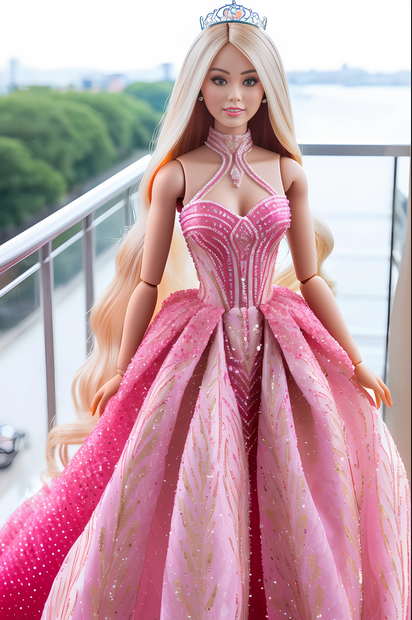 RAW photo, a highly detailed photo of a Barbie doll, (olivia wilde:1.0), (detailed saran hair:1.0), plastic skin, on a hotel balcony, (segmented model:1.1), (ball joint doll:1.2), (mattel barbie aesthetic:1.0), made of plastic, plastic toy doll, (perfect face, push up dress, wearing a revealing haute couture gown, wide hips:1.1), luxury hotel decorations, Sweet Pink accent, ultra detailed, high quality, film grain