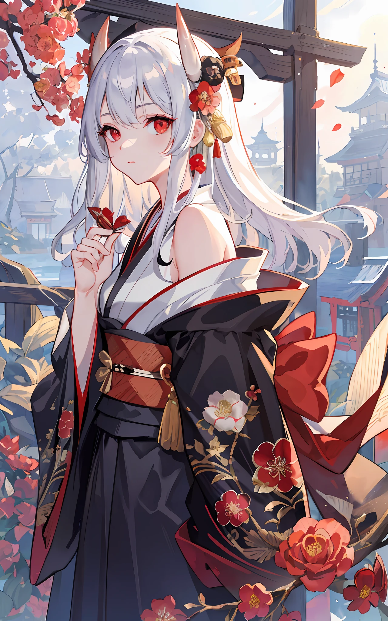 ((masterpiece:1.4, best quality))+, (ultra detailed)+,
(finely detailed beautiful eyes: 1.2), ((1girl)), ((solo)), (red eyes:1.4), (finely detailed eyes and detailed face:1.3), (beautiful and clear background:1.2), (extremely detailed CG, ultra-detailed, best shadow:1.1), ((depth of field)), ((watercolor)), (oni:1.5), (kimono:1.3), bare shoulders, flowers and petals, beautiful concept illustration, (white background:0.5), (illustration:1.1), (extremely fine and beautiful:1.1), (perfect details:1.1), from side, cowboy shot,