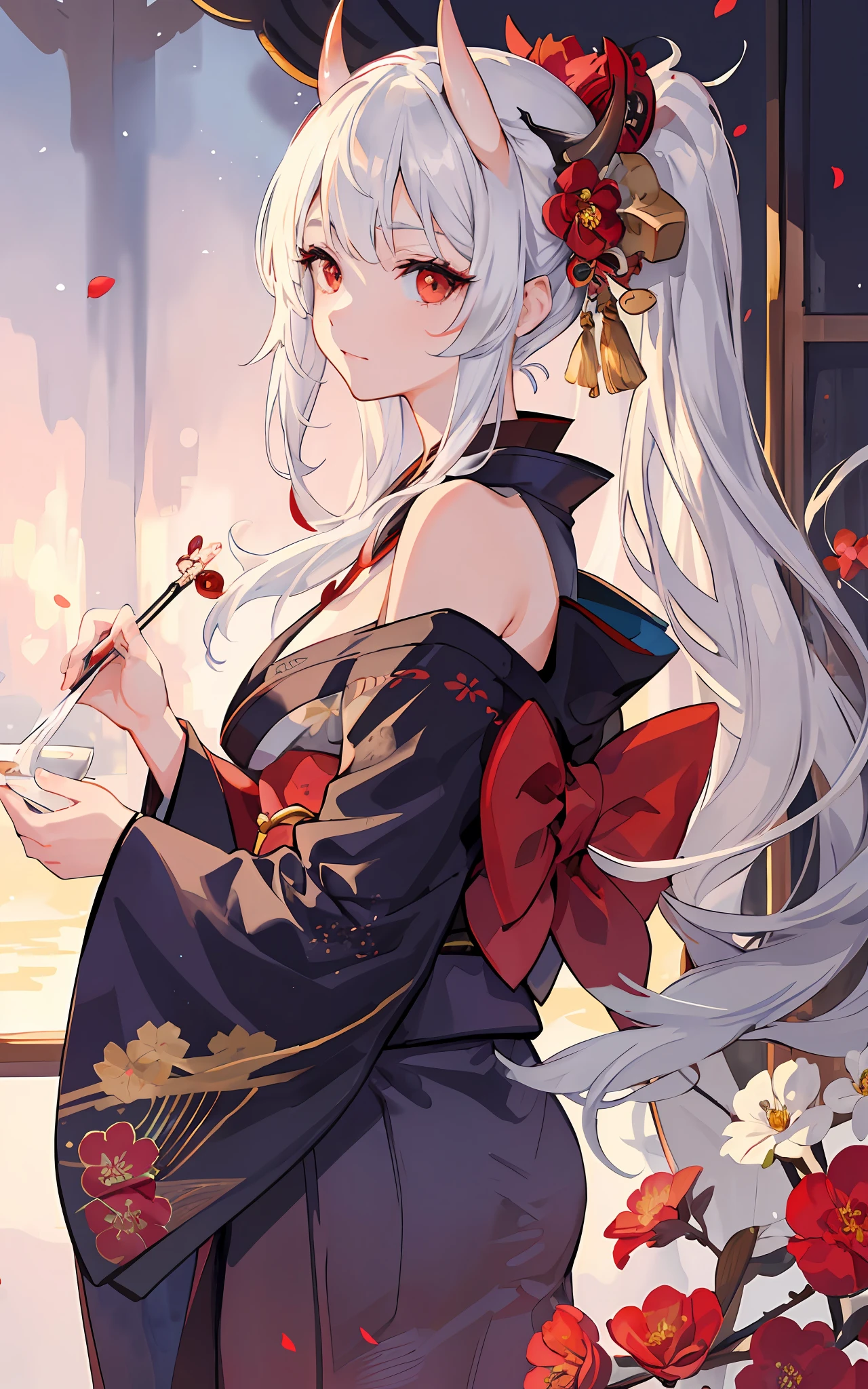 ((masterpiece:1.4, best quality))+, (ultra detailed)+,
(finely detailed beautiful eyes: 1.2), ((1girl)), ((solo)), (red eyes:1.4), (finely detailed eyes and detailed face:1.3), (beautiful and clear background:1.2), (extremely detailed CG, ultra-detailed, best shadow:1.1), ((depth of field)), ((watercolor)), (oni:1.5), (kimono:1.3), bare shoulders, flowers and petals, beautiful concept illustration, (white background:0.5), (illustration:1.1), (extremely fine and beautiful:1.1), (perfect details:1.1), from side, cowboy shot,