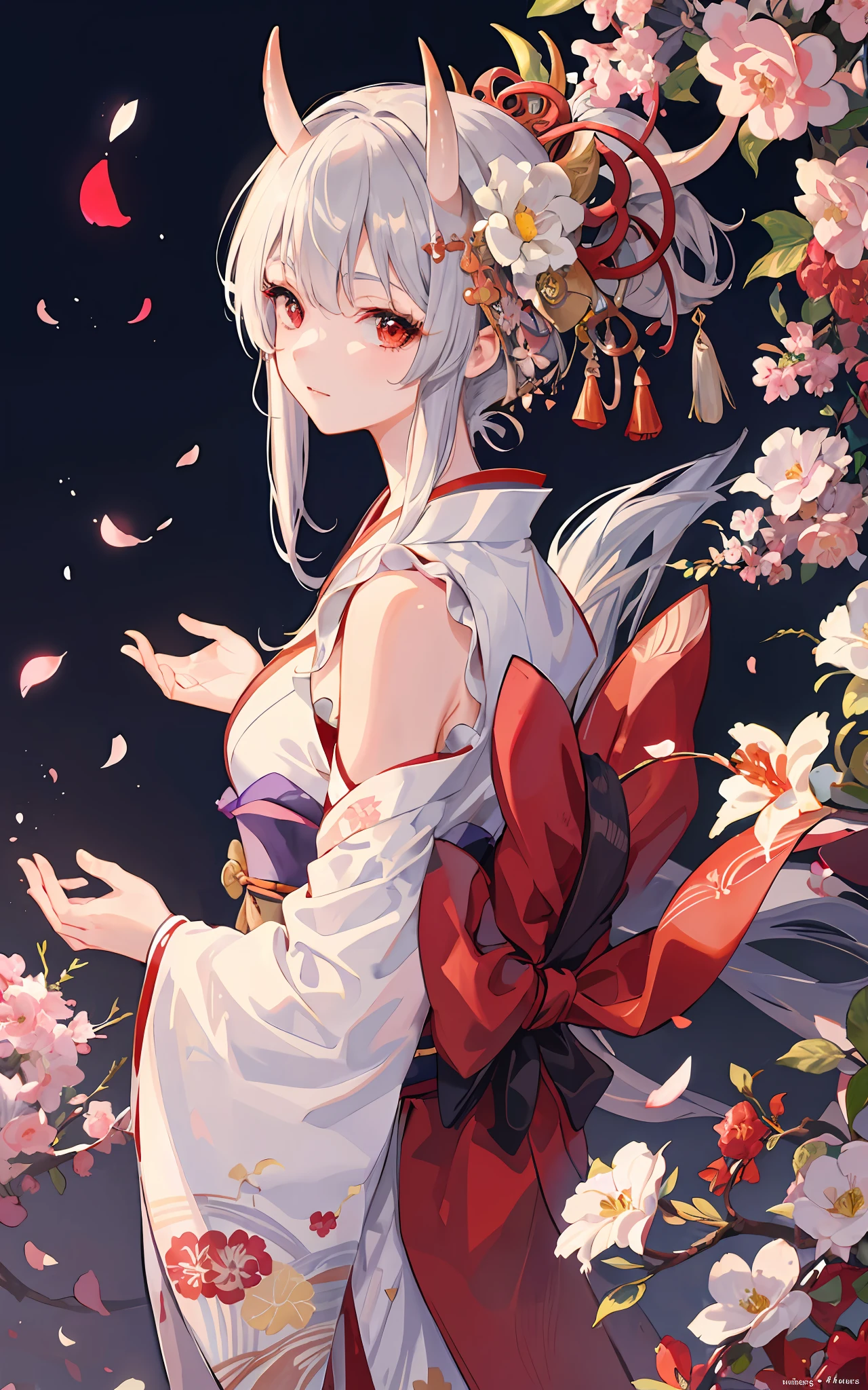 ((masterpiece:1.4, best quality))+, (ultra detailed)+,
(finely detailed beautiful eyes: 1.2), ((1girl)), ((solo)), (red eyes:1.4), (finely detailed eyes and detailed face:1.3), (beautiful and clear background:1.2), (extremely detailed CG, ultra-detailed, best shadow:1.1), ((depth of field)), ((watercolor)), (oni:1.5), (kimono:1.3), bare shoulders, flowers and petals, beautiful concept illustration, (white background:0.5), (illustration:1.1), (extremely fine and beautiful:1.1), (perfect details:1.1), from side, cowboy shot,