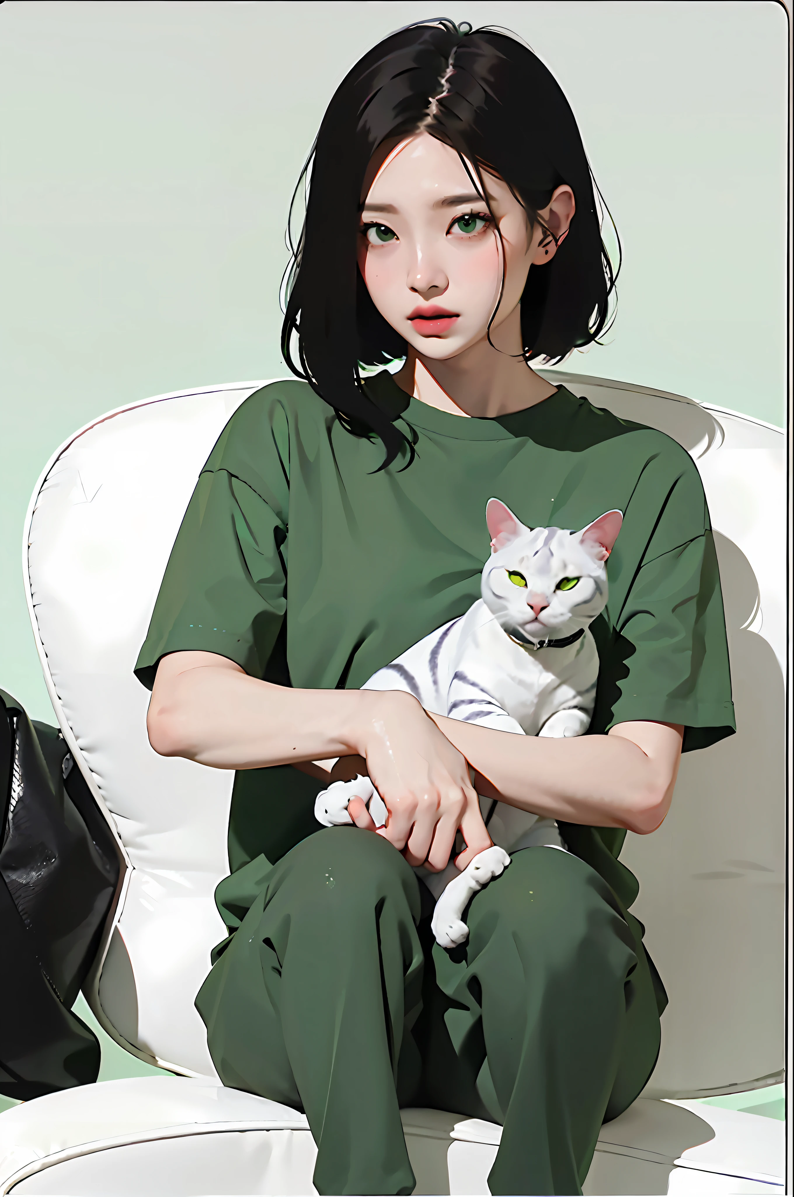 Cat-hugged, masterpiece, top quality, girl, shorthair, mint green background, ulzzang