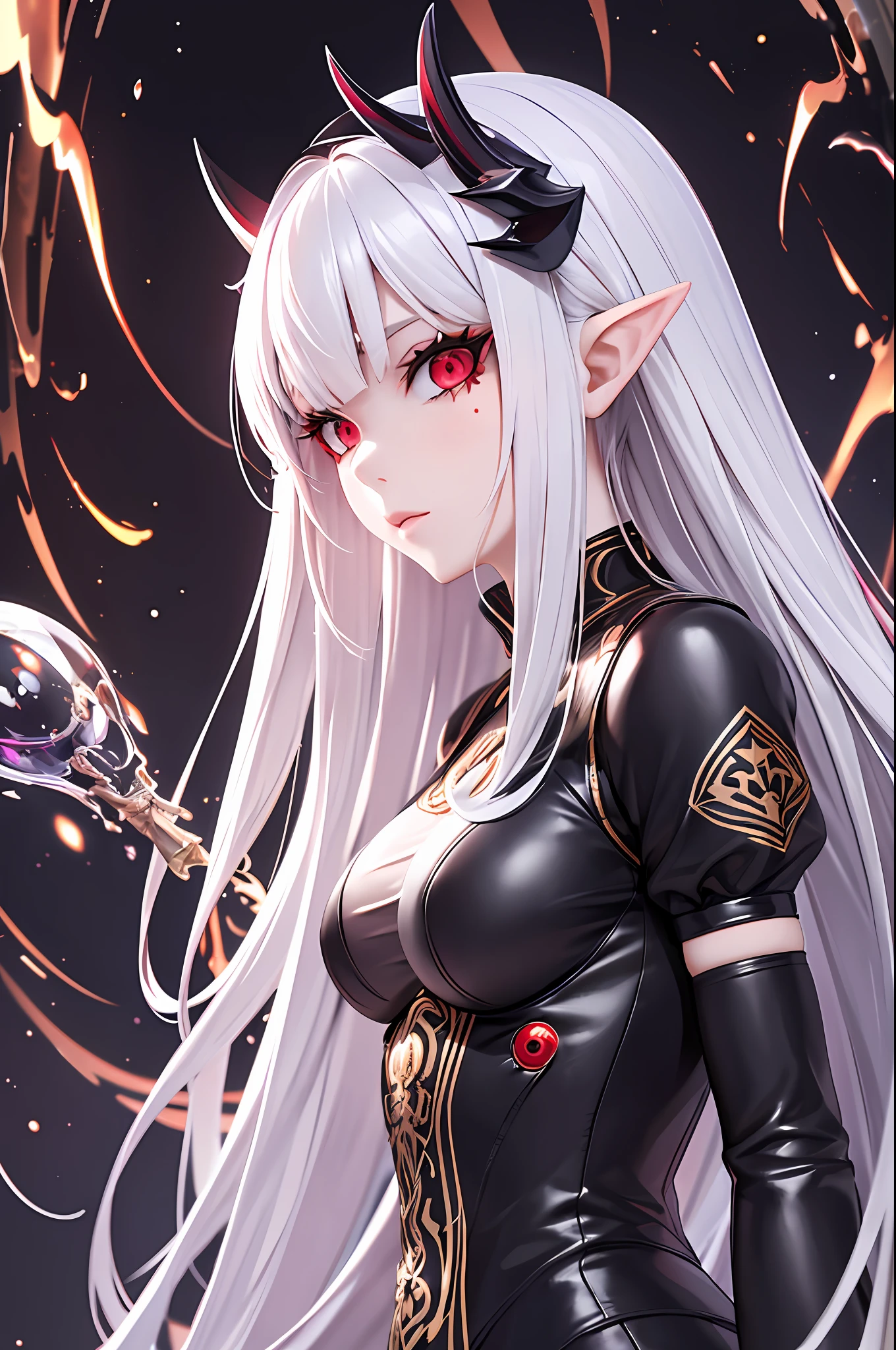 masterpiece, best quality, ultra-detailed, absurdres, colorful, 1girl, solo, (solid red eyes:1.0), (white hair, long hair, straight hair, hair over one eye:1.0), detailed eyes, wide-eyed, eyelashes, (upper body:0.8), monster girl, side view, glowing eyes, tilted head, night, black suit, pointy ears, horror, dark, black background, looking at viewer, crown, high contrast, backlighting, (standing:0.8), aura, fractal background, chaotic, spiral, demon horns, energy, mosaic, inferno