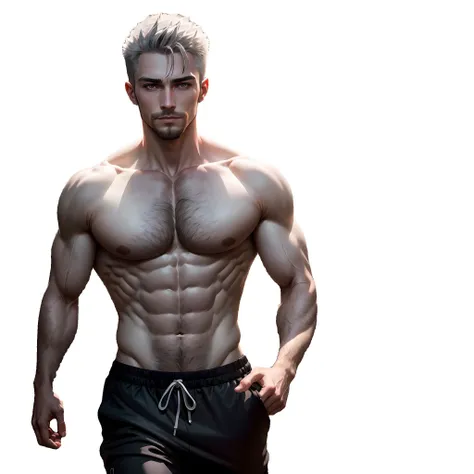 Portrait of a manly and elegant man, night without very light, at night, shirtless, sleeveless shirt, medium breastplate, defined body, portrait, short hair (((Silver hair))) facial hair, pale thin beard, pale skin, running, running, man running in the forest at night, vampire, handsome, silver hair, shirtless, in sweatpants, sweatpants, solo, night, sky, stars, cloud, red eyes blood, red iris, depth of field, light smile. In the background a forest at night, at night, forest, moon. Best quality, masterpiece. no extra fingers. Man alone.