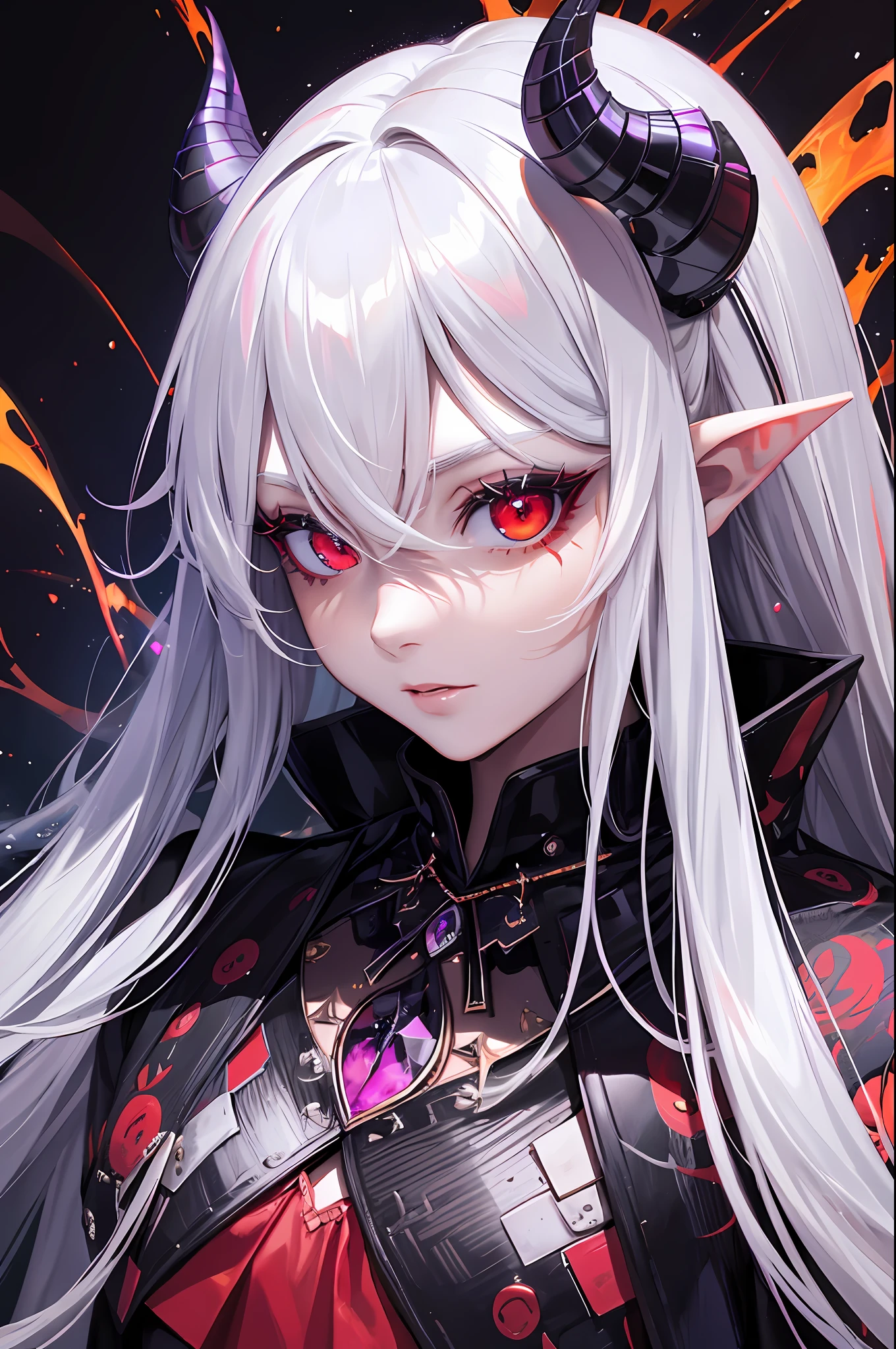masterpiece, best quality, ultra-detailed, absurdres, colorful, 1girl, solo, (solid red eyes:1.0), (white hair, long hair, straight hair, hair over one eye:1.0), detailed eyes, wide-eyed, eyelashes, (upper body:0.8), monster girl, side view, glowing eyes, tilted head, night, black suit, pointy ears, horror, dark, black background, looking at viewer, crown, high contrast, backlighting, (standing:0.8), aura, fractal background, chaotic, spiral, demon horns, energy, mosaic, inferno