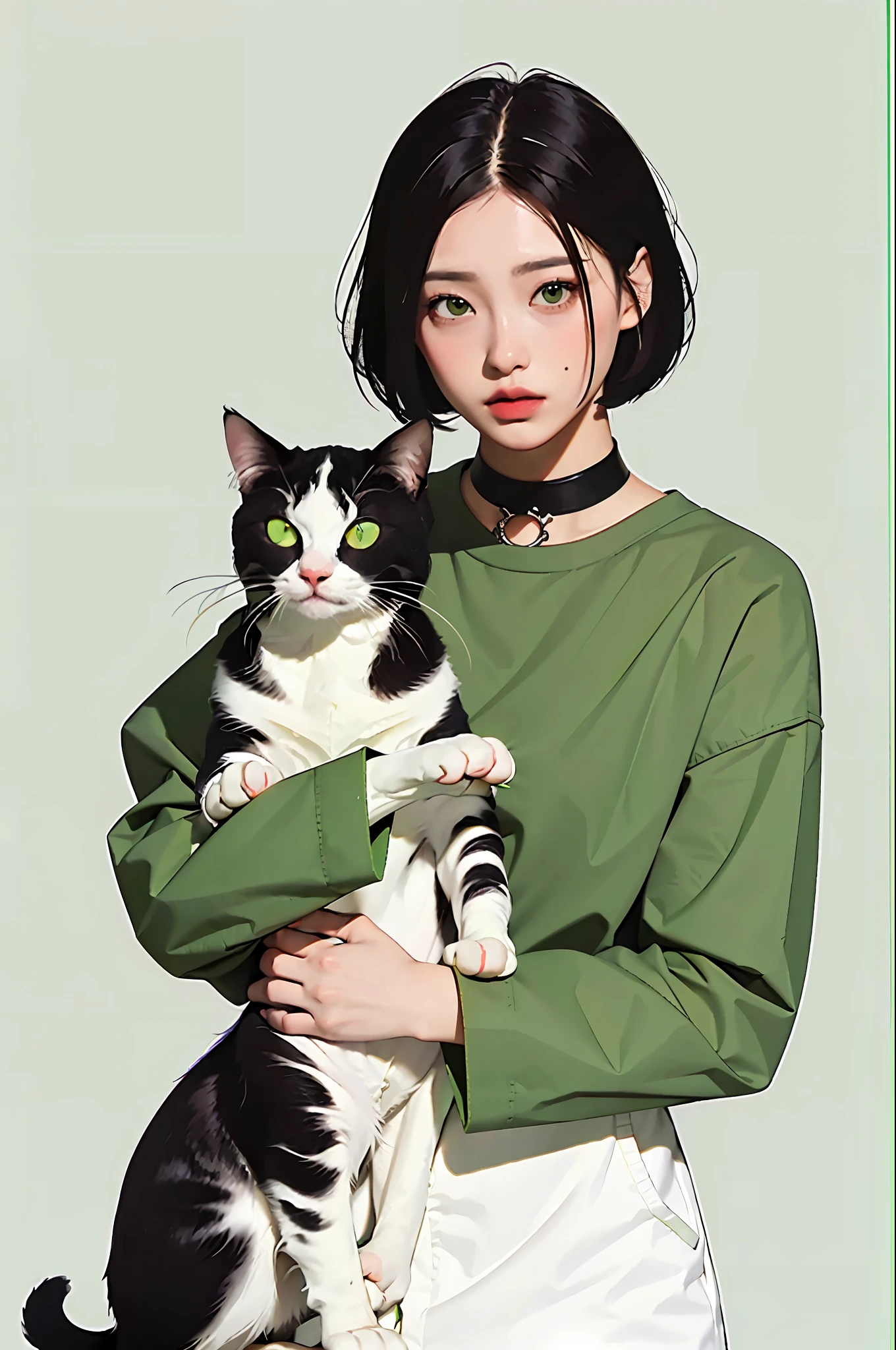 Cat-hugged, masterpiece, top quality, girl, shorthair, mint green background, ulzzang