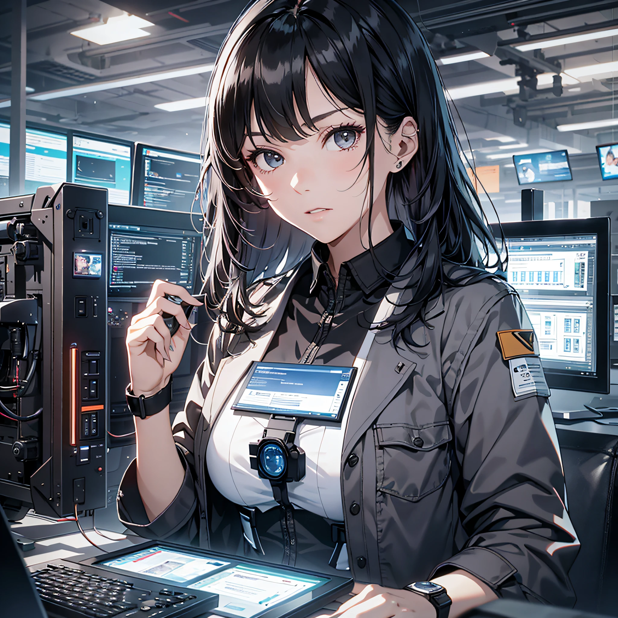 The black-haired young woman dressed as a technician has a serious expression, and the background is a large scientific research institute with many large screens, sitting in front of the computer to operate, with a serious and shocked expression