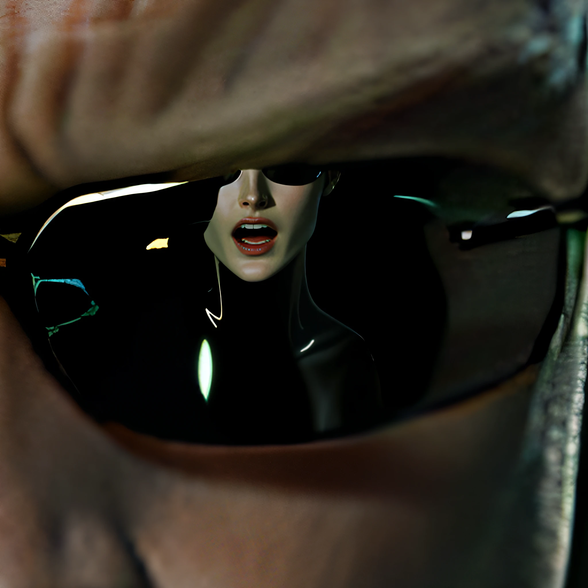 there is a reflection of a fan art of (trinity from the matrix 1999) scared, face projected on sunglasses of ((trinity from matrix face)) scared, head and neck of (((Carrie-Anne Moss))), the matrix (1999), (((Carrie-Anne Moss))), 80mm, ((western animation)), (trinity the matrix (1999)) scared, (short hair), ((short hair trinity)), the matrix (1999), ((face reflected on black glass)), (((screaming face)))), ((mouth and chin)), (((young))), (((scared))), (((Carrie-Anne Moss)))