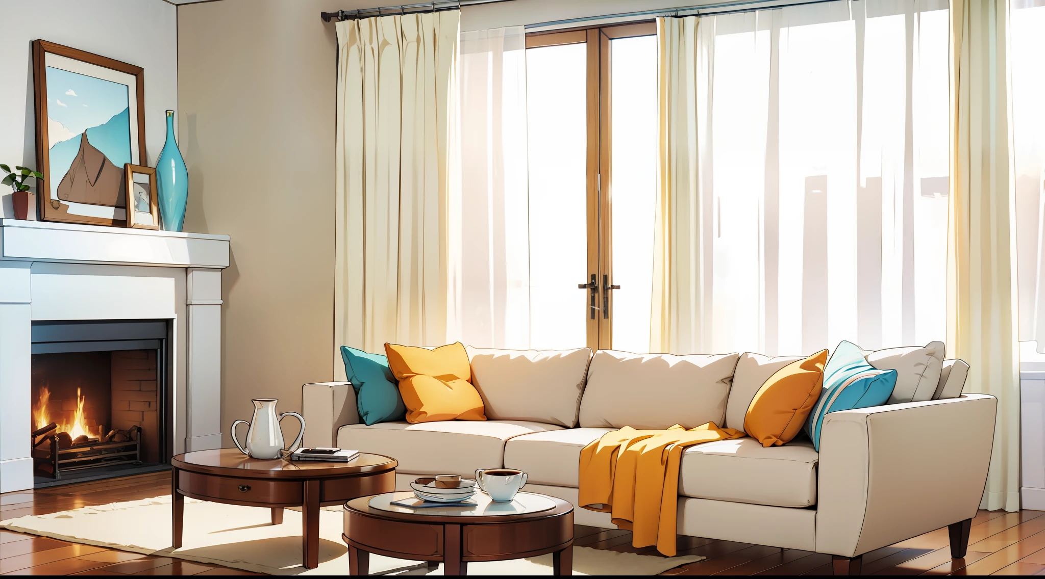 Nordic style living room, beige sofa, simple color scheme, white wall, coffee curtains, no coffee table