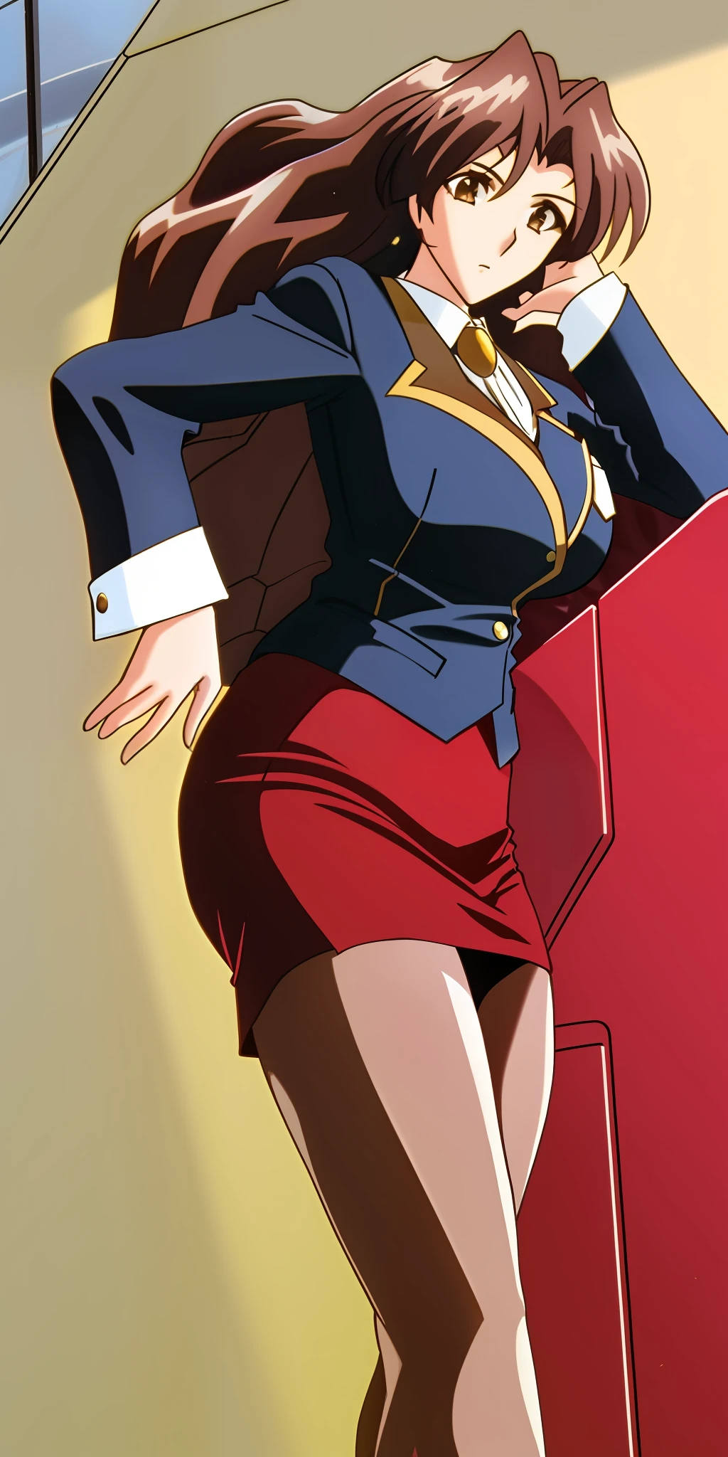 1girl, long curly brown hair, large_breasts, ErinaSkirtSuit, skirt suit, short skirt