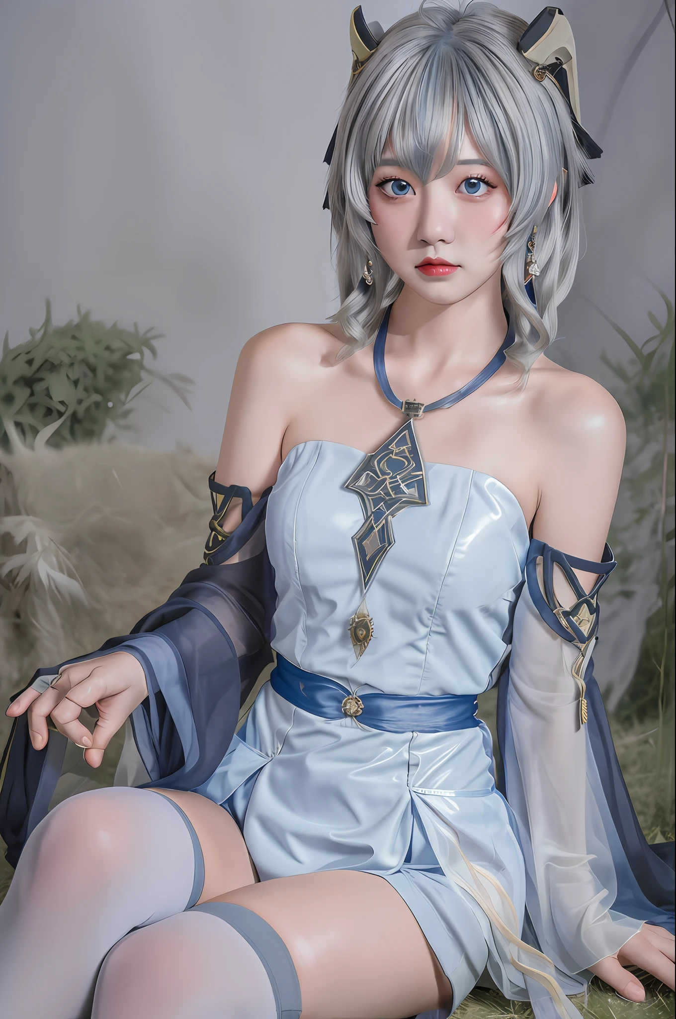 Genshin, genshin, Ganyu, Gan Yu, (calf horn), (grass gray hair), shawl long hair, (blue eyes), bare shoulders, bell necklace, black belly pocket, one-piece sheer vest, short cheongsam skirt, tight black stockings, traditional Chinese background, front lighting, HD, 8K, rich face details, look at the camera