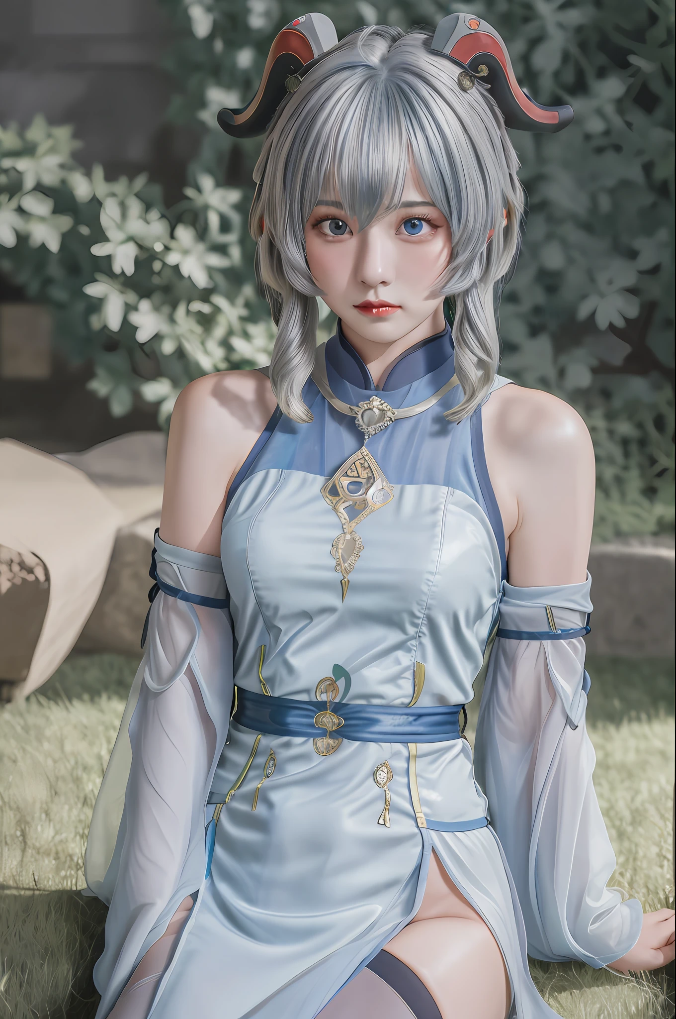 Genshin, genshin, Ganyu, Gan Yu, (calf horn), (grass gray hair), shawl long hair, (blue eyes), bare shoulders, bell necklace, black belly pocket, one-piece sheer vest, short cheongsam skirt, tight black stockings, traditional Chinese background, front lighting, HD, 8K, rich face details, look at the camera