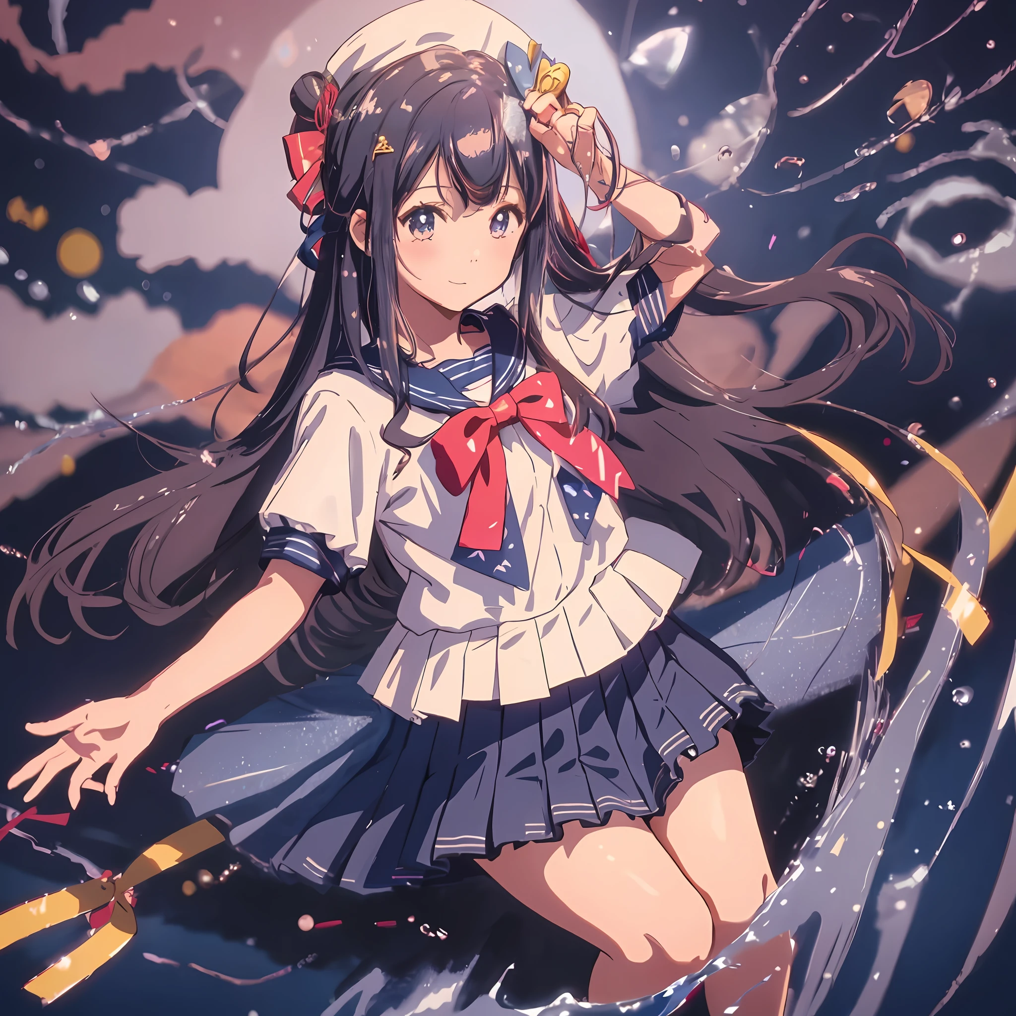 1girl, Hair ornament, Sailor suit, Floating hair, Dark blue pleated skirt, Rull, Kyoto, High definition, 8K, 4K, High Quality, Anime, Idol, Ribbon