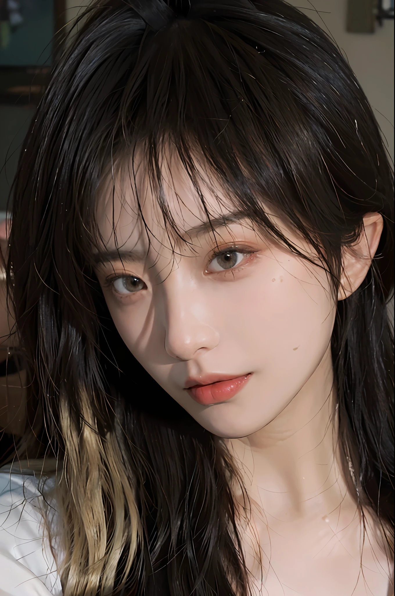 8K, Best Quality, Masterpiece, Ultra High Resolution, (Realism: 1.4), Original Photo, (Realistic Skin Texture: 1.3), (Film Grain: 1.3), (Selfie Angle), 1 Girl, Beautiful Eyes and Face Details, Long Blonde Hair, Masterpiece, Best Quality, Close-up, Upper Body, Looking at the Viewer