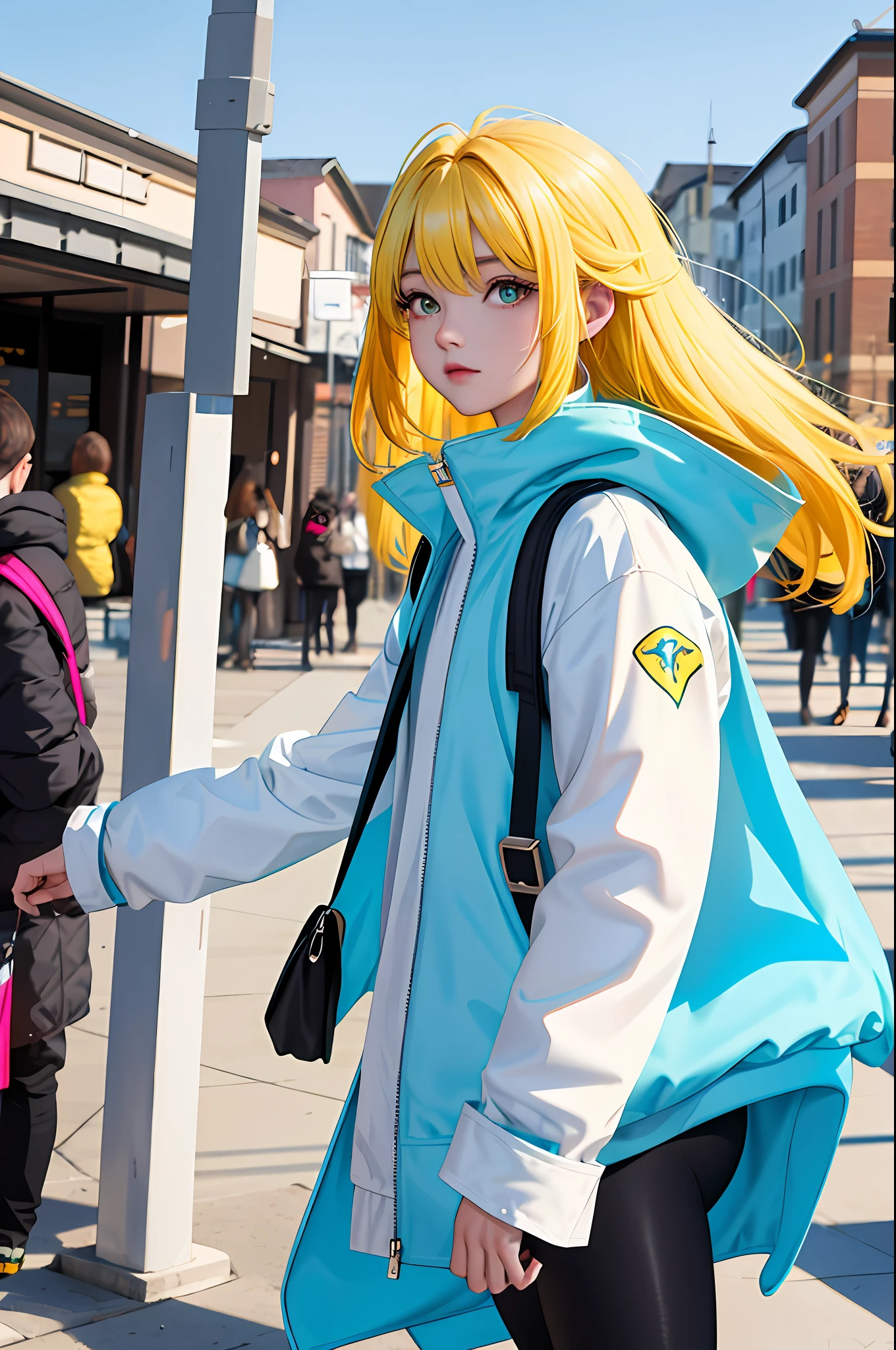 Masterpiece, Superb Hair, Yellow Hair, White Long Underwear, Cyan Coat, Black Leggings, Outdoor, Large, Upper Body