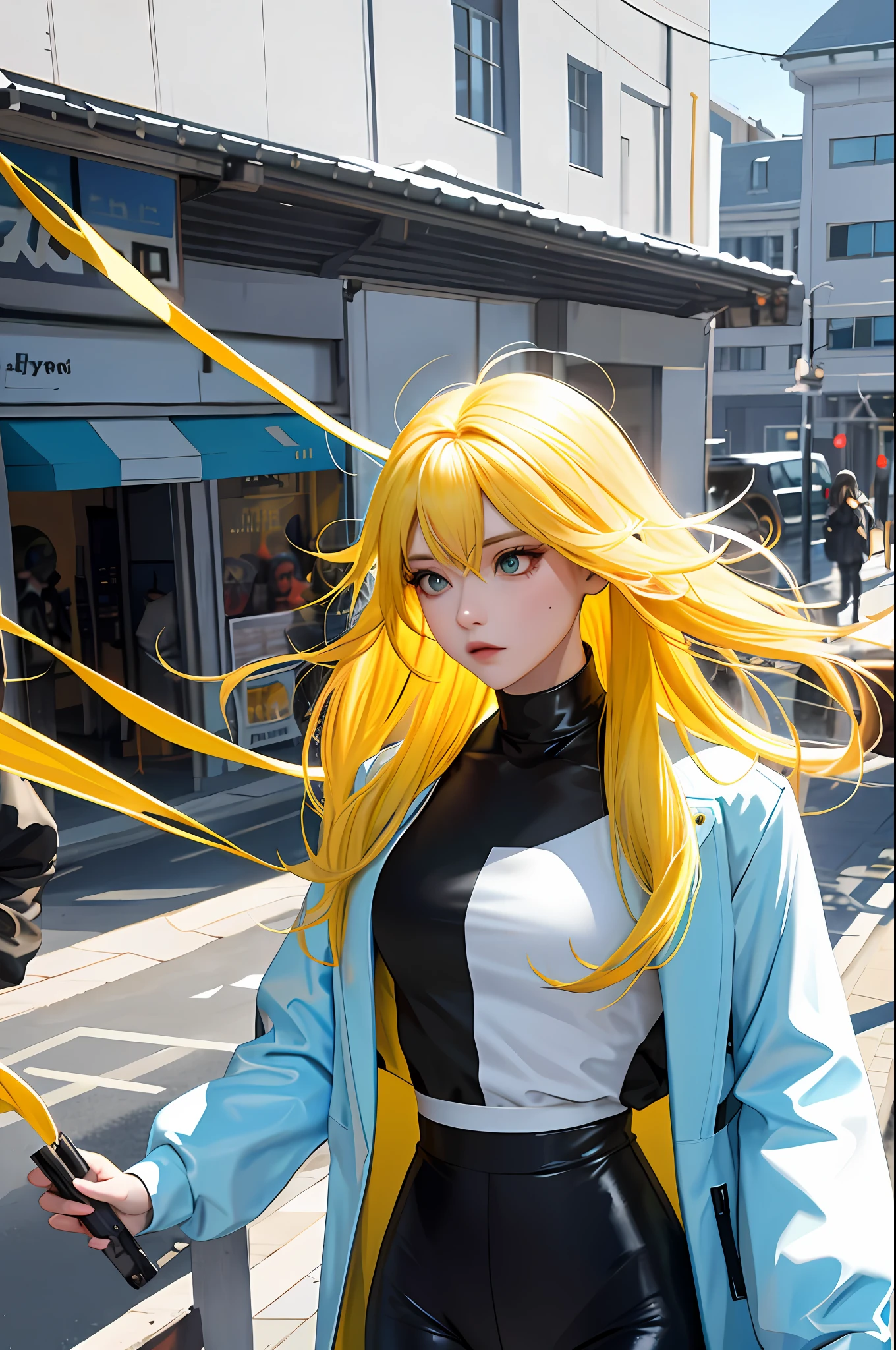 Masterpiece, Superb Hair, Yellow Hair, White Long Underwear, Cyan Coat, Black Leggings, Outdoor, Large, Upper Body