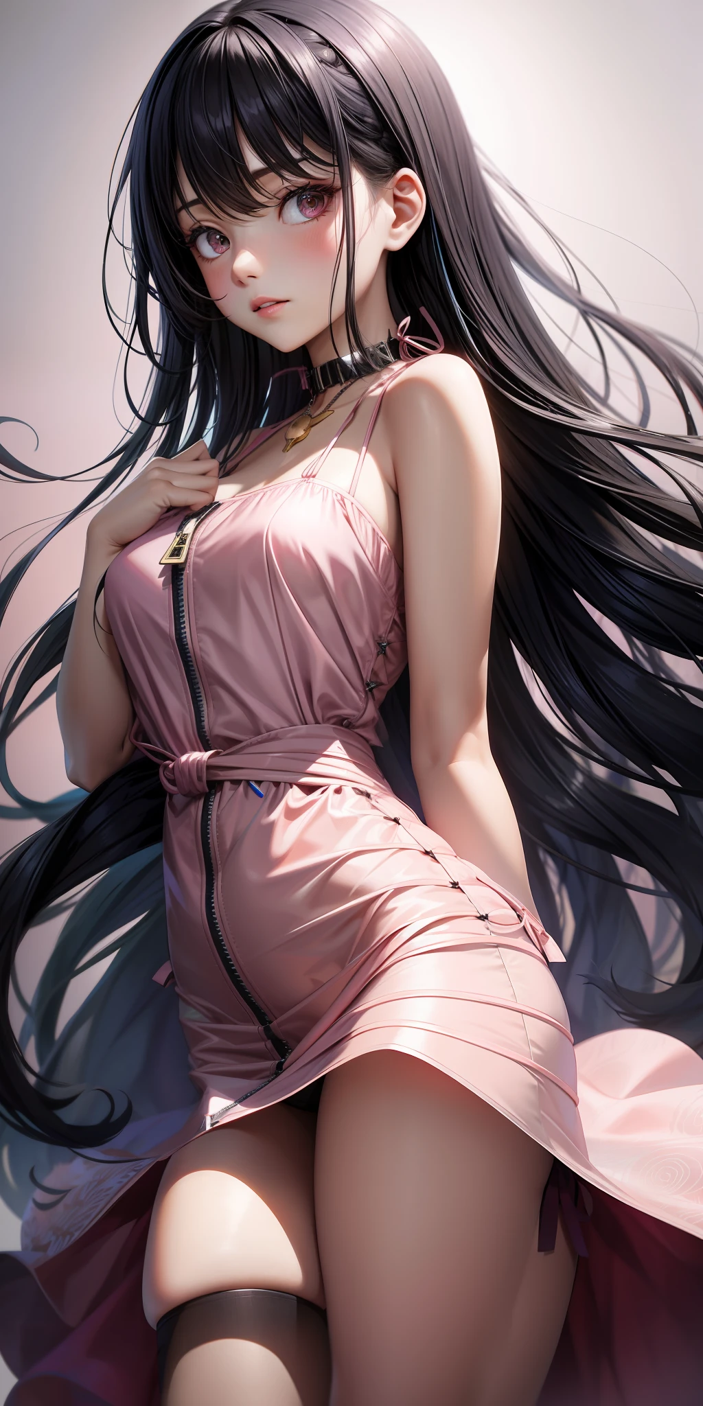 Loose dress× zipper around the neck× knot at the waist, light pink background