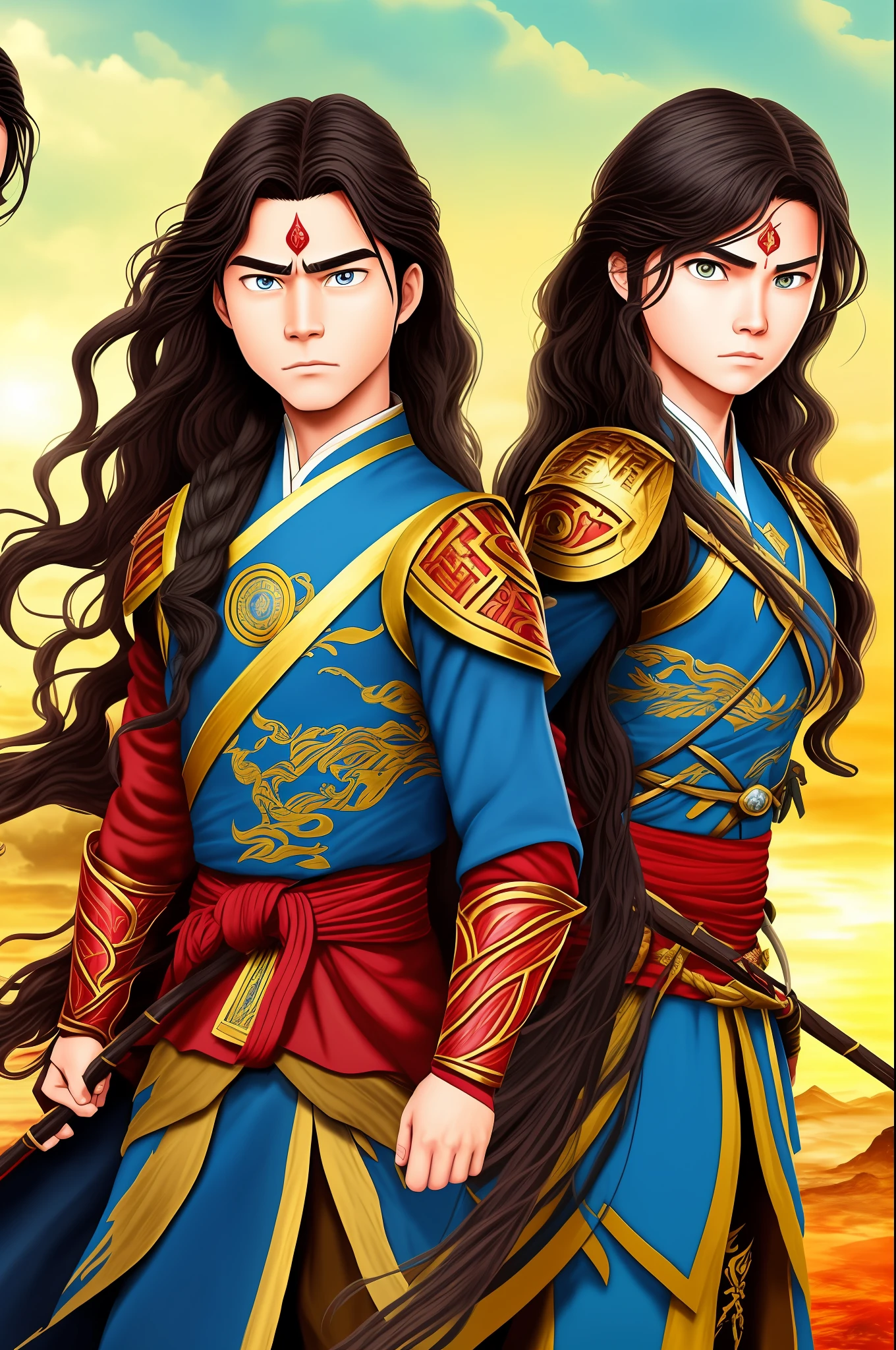Absolutely! Here is the description of an illustration of the 17-year-old twin sons of the stubborn princess and Kayo:
The illustration depicts the twin sons of the stubborn princess and Kayo, a boy and a girl, both aged 17. Both possess traits inherited from their parents, combining the beauty of the princess with Kayo's determination and strength.
The son, an imposing and charming young man, has dark hair and piercing eyes. He is dressed in warrior garb, demonstrating his aptitude for battle. His stance is confident, reflecting the courage and leadership he inherited from his parents. In his hands, he holds a sword, symbol of his training and combat skills.
The daughter, a graceful and courageous young woman, has long wavy hair and expressive bright eyes. She wears elegant and at the same time practical armor, indicating her prowess in the martial arts. His determined expression reveals his willingness to fight alongside his brother and protect the kingdom. She carries a bow, showing off her skill as an archer.
Both twins are positioned side by side, staring at the horizon with determination. The atmosphere of the illustration conveys the energy and youth of the characters, ready to face the challenges that await them. The background of the illustration highlights the kingdom they protect, with grandiose landscapes and symbols representative of their legacy.
This illustration captures the unique personality of each of the twin sons of the stubborn princess and Kayo. It conveys the union of forces, skills, and values they inherit from their parents, ready to assume their roles as future leaders of the kingdom.
