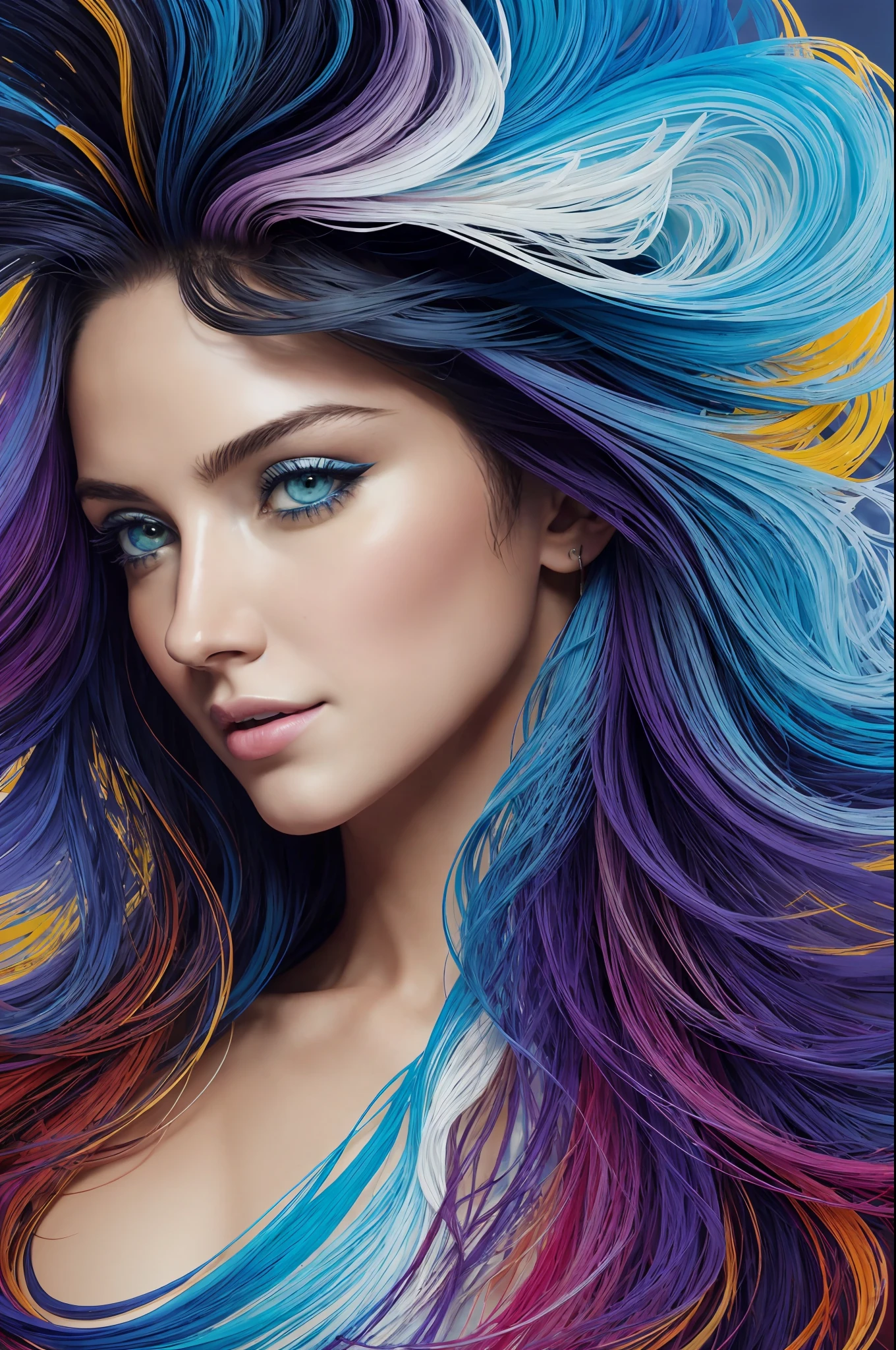 Colorful beautiful girl: a 38-year-old giru, messy hair, perfect smile, oil painting, nice perfect face with smooth skinice perfect face, blue yellow colors, light purple and violet additions, light red additions, intricate details, home screen, 8k resolution, masterpiece, beautiful face, artstation digital painting very smooth ink flowblack: 8k resolution photorealistic masterpiece: intricately detailed fluid gouache painting: by Jean Baptiste Mongue: calligraphy: acrylic: watercolor art, professional photography, natural lighting, maximalist volumetric lighting photoillustration: by marton bobzert:, complex, elegant, expansive, fantastic, wavy hair, vibrant, best quality details, realistic, high definition, high quality texture, epic lighting, cinematic film still, 8k, soft lighting, anime style, masterful game card border, random colored art, oil painting, blue yellow colors, light purple and violet additions, light red additions, intricate detail, home screen, 8k resolution, masterpiece, artstation soft digital painting very ink flowBlack: 8k resolution photorealistic masterpiece: intricately detailed fluid gouache painting: by Jean Baptiste Mongue: calligraphy: acrylic: watercolor art, professional photography, natural lighting, maximalist volumetric lighting photoillustration: by Marton Bobzert:, complex, elegant, expansive, fantastic, vibrant