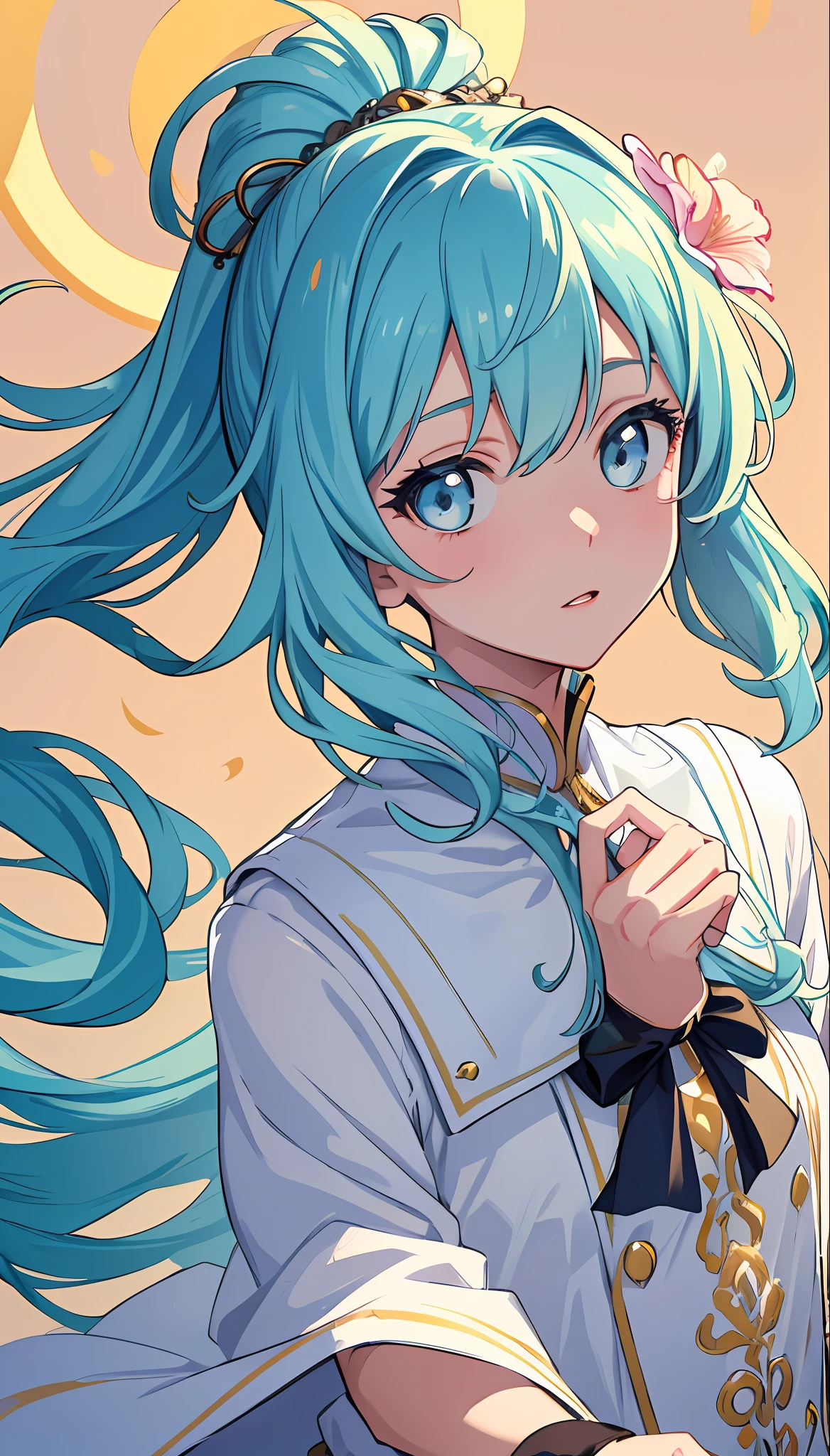 (masterpiece), (best quality), (ultra detailed),(disheveled hair),(illustration), (1girl), (Fashionable clothing), standing, Fashion model, looking at viewer, (interview), (simple background),beautiful detailed eyes, delicate beautiful face, Floating,(high saturation),(colorful splashes),colorful bubble,(shining), focus on face, ponytail, kamisato ayaka, light blue hair, bangs, hair ring, floating flowers, floating hairs, (shining), best lighting, best shadow,