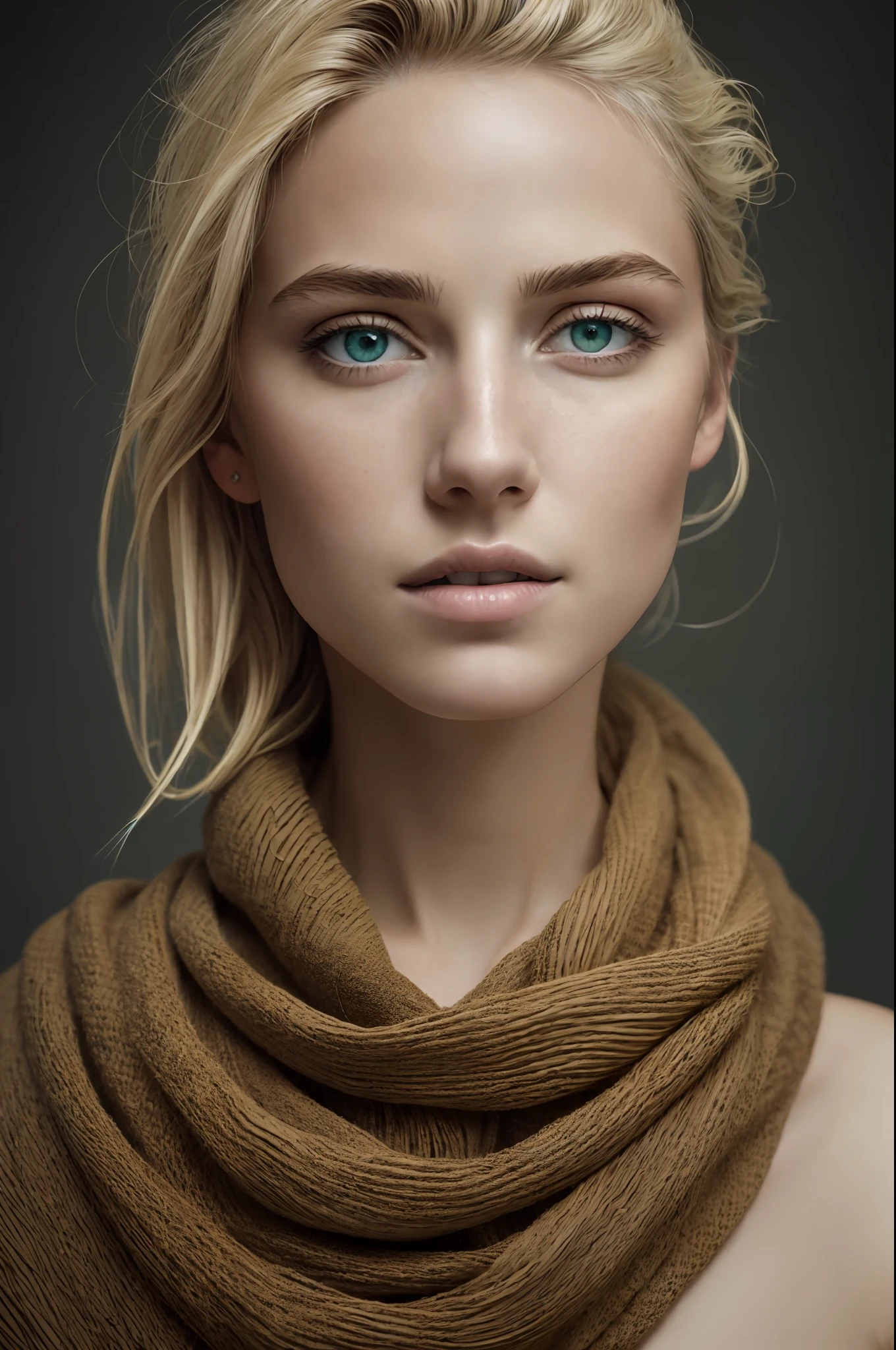 A photorealistic portrait of an incredibly beautiful woman without makeup, extremely detailed light green eyes, detailed symmetrical realistic face, natural skin texture, extremely detailed skin with skin pores, peach fuzz, messy hair, wearing shawl, masterpiece, absurdities, Lee Jeffries award-winning photo, Nikon D850 film photography, Kodak Portra 400 camera F1.6 lens, extremely detailed,  amazing, fine details, rich colors, hyper realistic texture, dramatic lighting, unrealengine, trend in artstation, cinestill 800 tungsten, looking at the viewer, realistic photo, RAW photo, TanvirTamim, high quality, high resolution, sharp focus, extremely detailed, cinematic lighting, 8k uhd