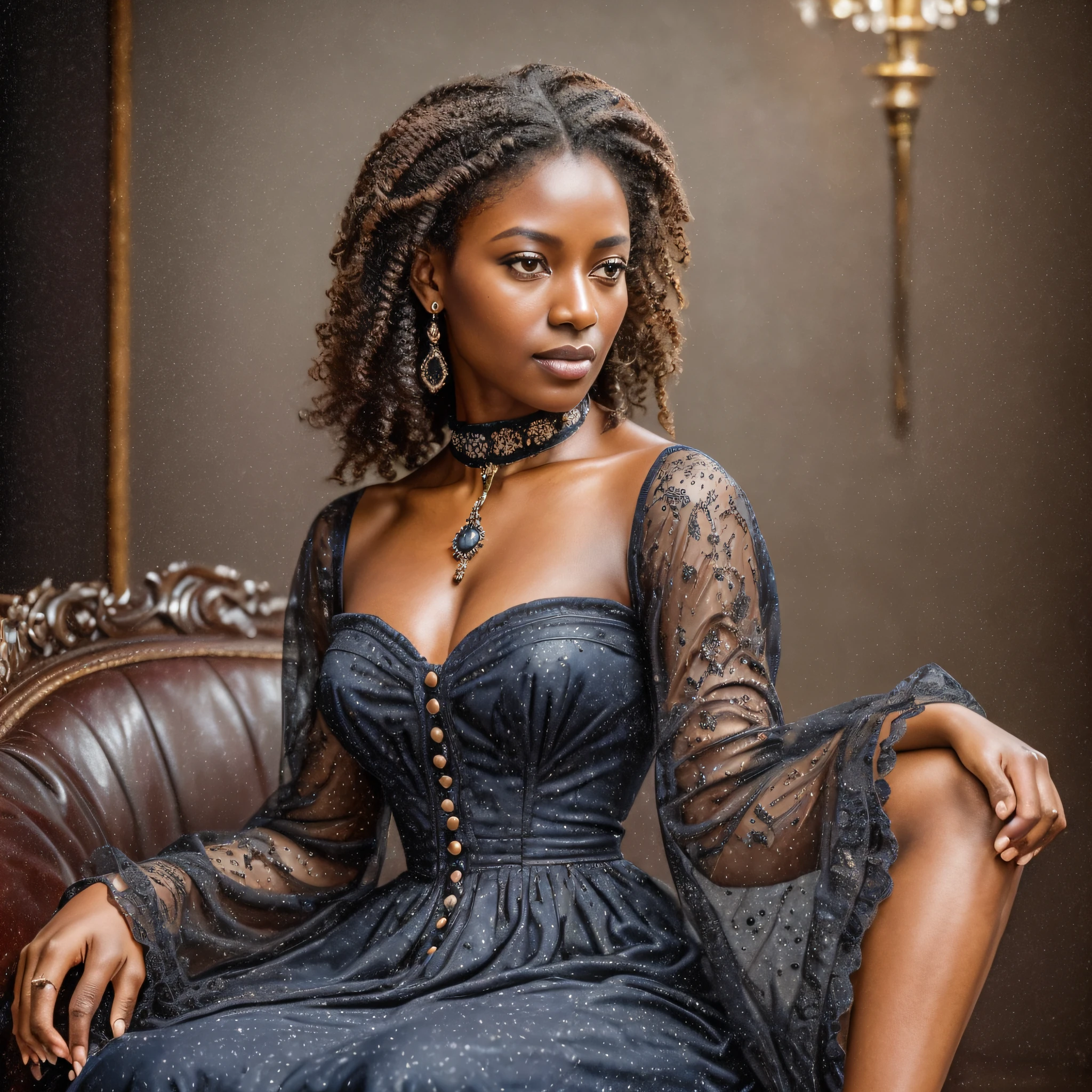 High resolution, distinct_image) Stunning woman, masterpiece, high detail, soft features, solo focus, best quality, RAW color photo, of (Victorian era (Kenya, dark skin) older woman, 40 years of age, dark brown curly hair, american, wearing historically accurate modest dark blue elegant yet simple design 1776 Victorian-style dress, brown eyes, sitting on luxurious leather couch inside [Victorian:0.12] mansion, legs crossed, perfect face, alluring eyes, (hazel eyes:0.8), (detailed skin, smooth pores), shallow depth of field, deep focus, natural lighting, (side lighting:0.5), [film grain], photographed on a Canon EOS R6, 85mm macro lens, F/8 aperture, fashion photography award-winner full shot body photo of the most beautiful artwork in the world, majestic oil painting, sharp focus, 8k, DSLR, high quality, Fujifilm XT3, grain, vintage, award winning, masterpiece (best quality:1.2) (detailed) (inticate) (8k) (HDR) (wallpaper) (cinematic lighting) --auto --s2