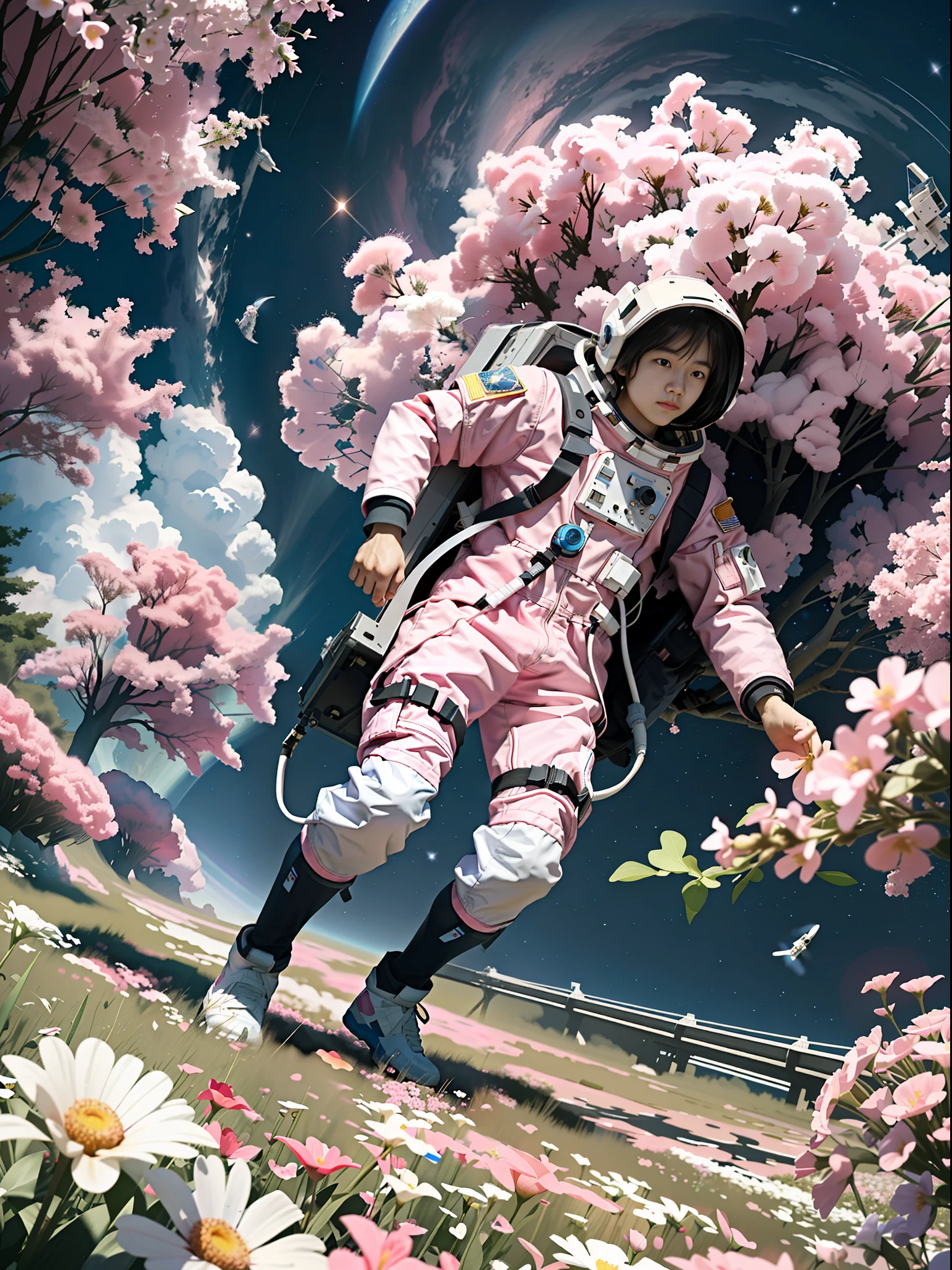 he astronaut walks in the sea of flowers dotted with pink clouds,The astronaut who is alone,The astronaut cannot leave this planet,The astronaut is lost in the boundless space.